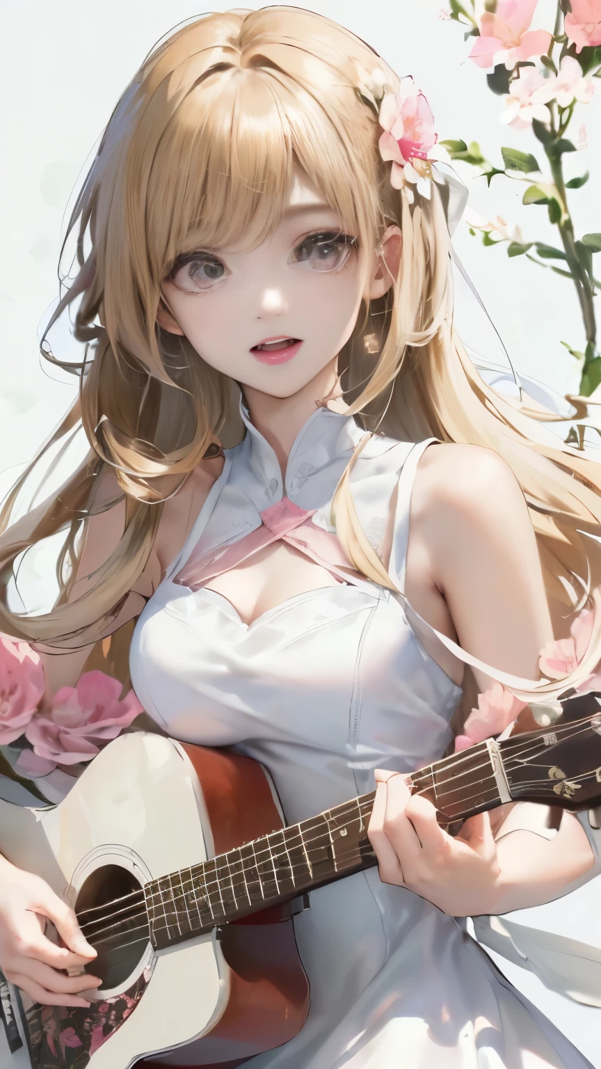 (((The background is a pure white wall)))、(((best image quality、8k、Beautiful woman、pure white wall background)))、guitarist、play the guitar、(((long hair woman、blonde hair、Girly Hairstyles)))calm expression、laughing、(((Botanical pattern dress、white and pink dress、)))Image with a stylish atmosphere(((I'm wearing a floral dress)))、Background is nothing