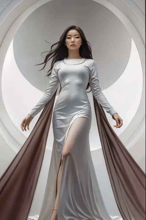 16k, masterpiece, photorealism, a asian woman walks to her full height, a woman with dark long hair, a woman dressed in a white ...