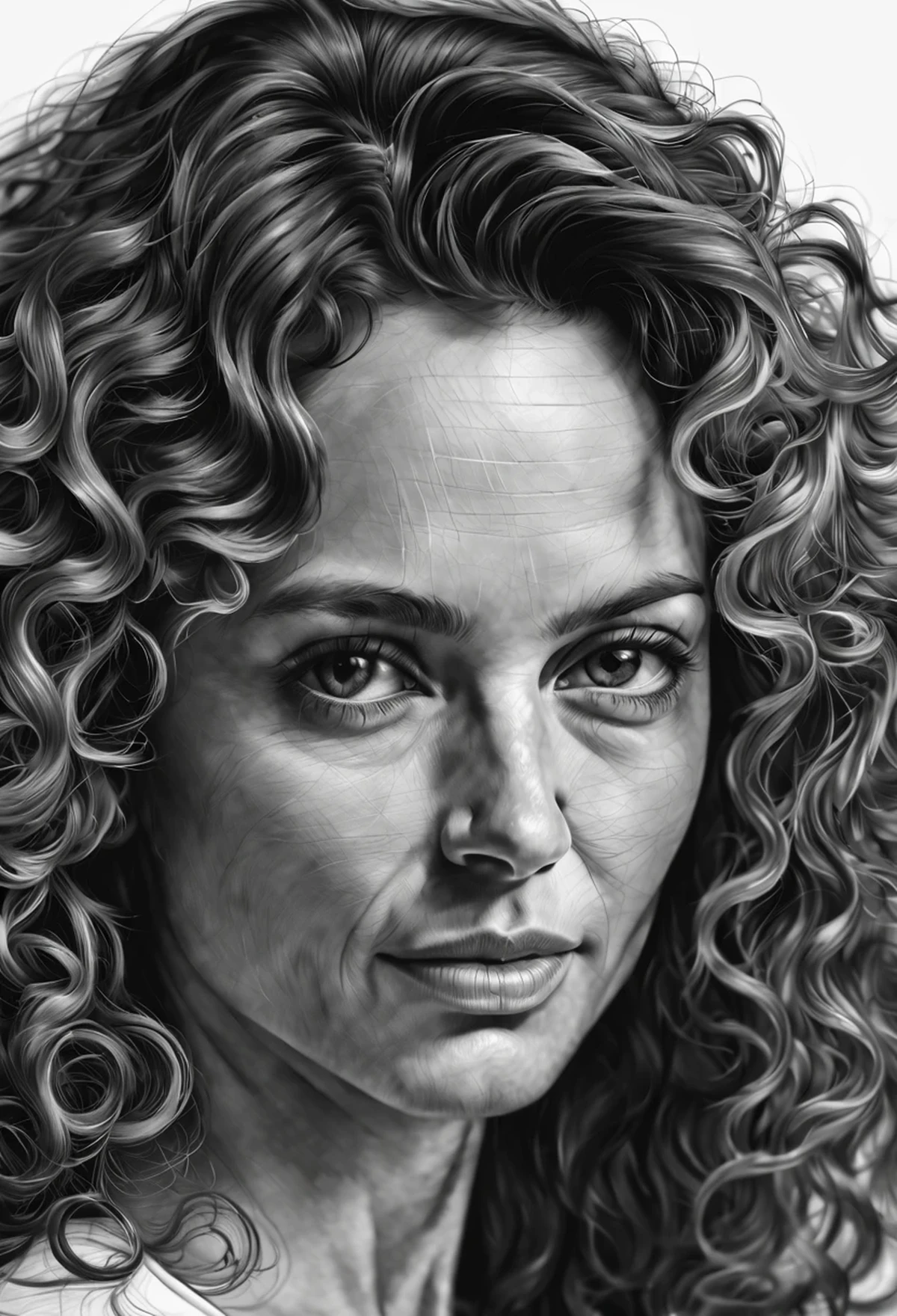 woman's face drawn on a dibujo sheet, cabello largo y rizado, 45 years, super realistic, 4k, More details, dibujo, escala de grises