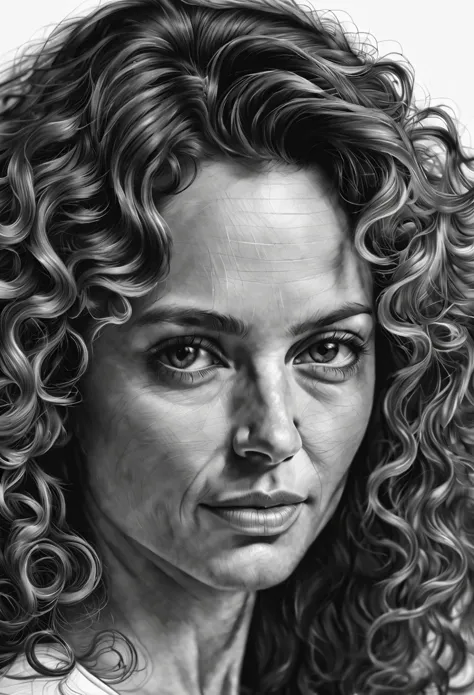 woman's face drawn on a dibujo sheet, cabello largo y rizado, 45 years, super realistic, 4k, more details, dibujo, escala de gri...