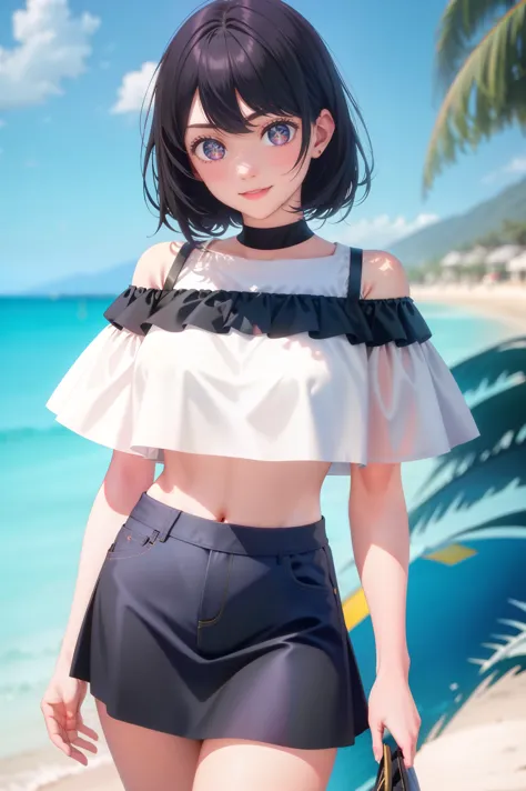 1girl, masterpiece level work，Best Picture Quality，Facing the camera，ssmile，short skirt，Raised sexy，look straight at the camera，short black hair，perfect bodies，beachshop，Off-the-shoulder attire。Large breasts, revealing clothes, beautiful eyes, High quality...