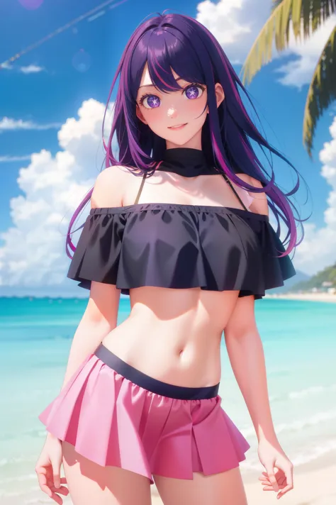 1girl, purple-pink hair, long hair ,Star eyes, Ai hoshino, masterpiece level work，Best Picture Quality，Facing the camera，ssmile，short skirt，Raised sexy，look straight at the camera，short black hair，perfect bodies，beachshop，Off-the-shoulder attire。Large brea...