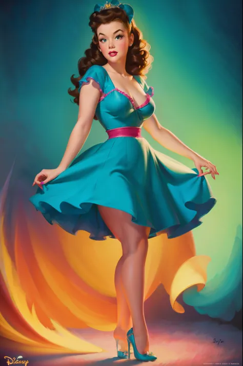 Disney Princess in Disney princess dress, pin-up poster girl, pinup, pin up style, dramatic lighting, large breast, colorful , m...