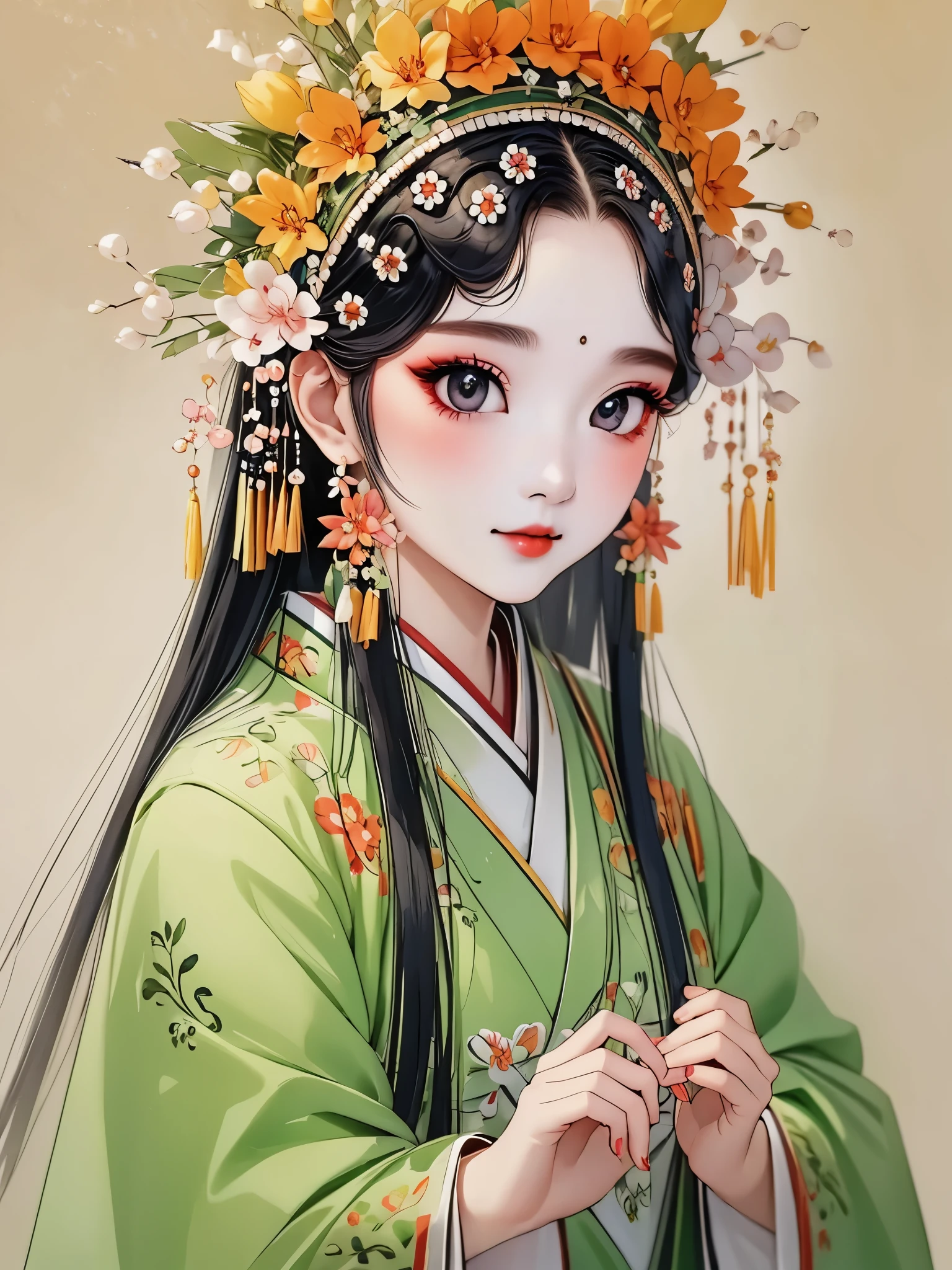 (masterpiece, best quality:1.2),fan design:1.37，(1 girl, alone，beautiful).（Exquisite facial features，eyelash，blush，long hair，Exquisite makeup），Black long hair，Hanfu，tassel，Butterfly，peony，symmetry，White background，