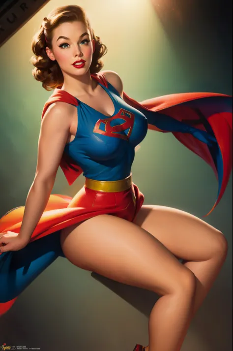 Supergirl, pin-up poster girl, pinup, pin up style, dramatic lighting, large breast, colorful , masterpieces, illustrated, detai...