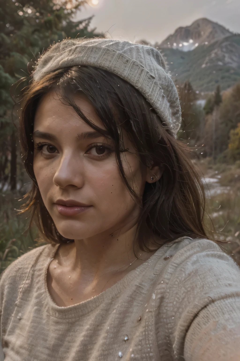 ((best quality)), ((masterpiece)), (detailed), perfect face epiCRealLife, (8k, highest quality, ultra detailed:1.37), analog style, model photography style, RAW, Photo of a beautiful girl, mexican greek, brunette, selfie, upper body, solo, wearing pullover, outdoors, (night), mountains, real life nature, stars, moon, cheerful, happy, gloves, sweater, beanie, forest, rocks, river, wood, smoke, fog, looking at viewer, skin texture, photo grain, close up, RAW photo