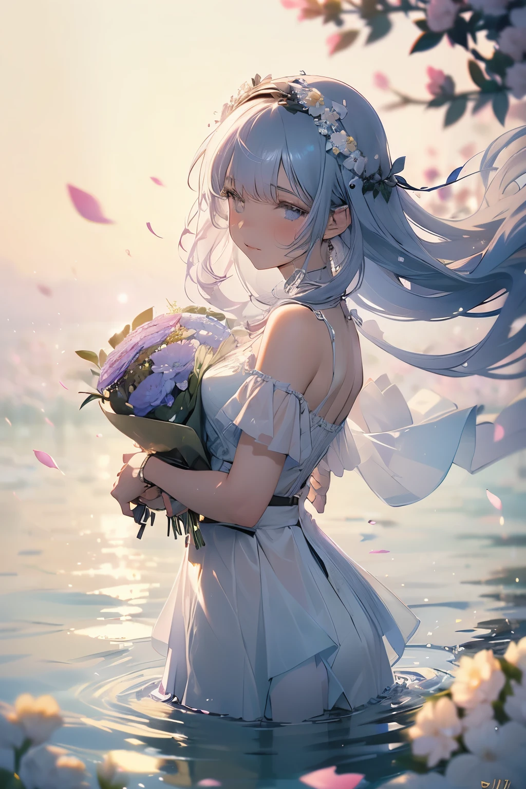 best quality, 32k, RAW photo, incredibly absurdres, extremely detailed, delicate texture, beautiful girl drowning in flowers, filled with flowers, sea of flowers, pastel colors, motion-blur, action-lines