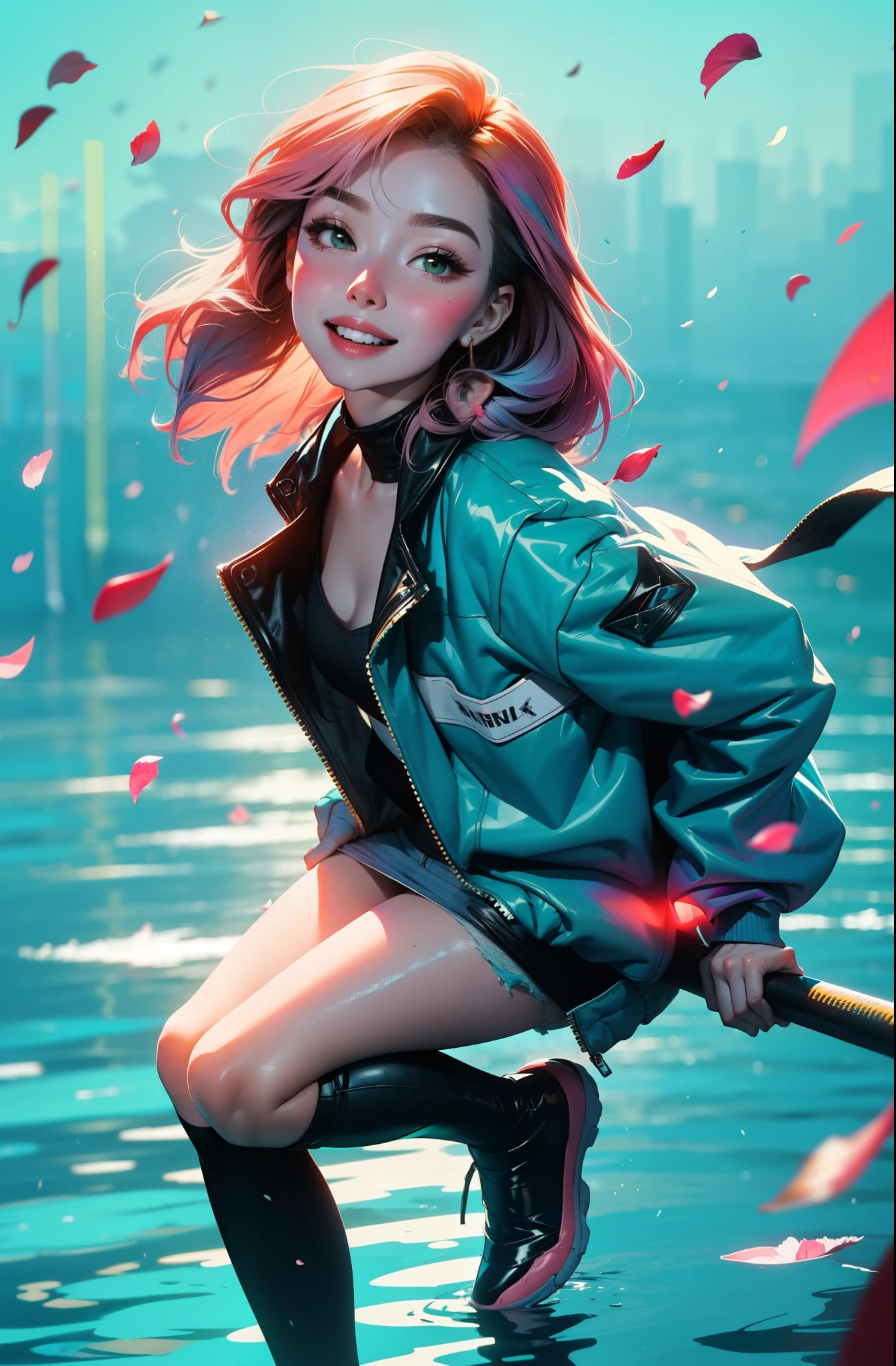 cyberpunk female woman wearing Denim Jacket with chromatic accents:1.1), sleek full bodysuit, (Petal Blush, Lagoon Blue color background:1.3), amazing smile, looking at camera, golden hour