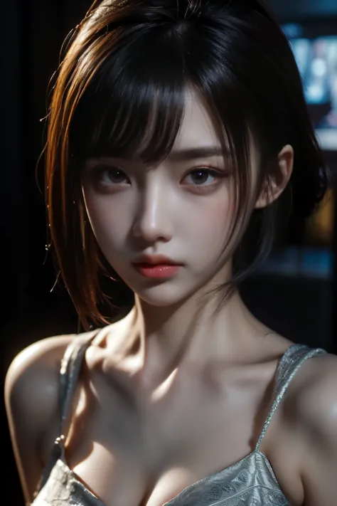 Masterpiece,Game art,The best picture quality,Highest resolution,8K,(Portrait),Unreal Engine 5 rendering works,(Digital Photography),((Portrait Feature:1.5)),
20 year old girl,Short hair details,With long bangs,(The red eye makeup is very meticulous),(Whit...