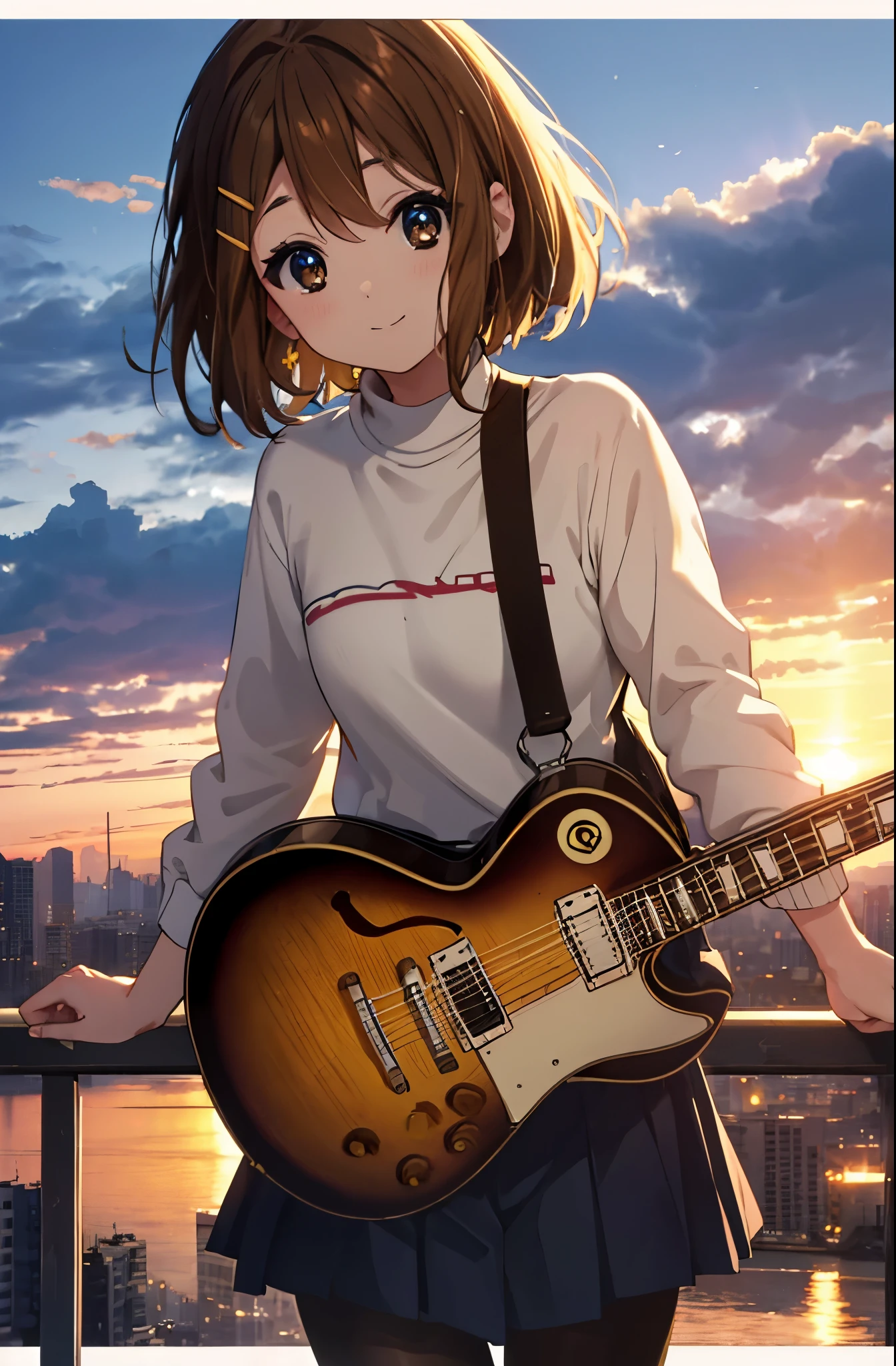 yuihirasawa, yui hirasawa, short hair, brown hair, hair ornaments, (brown eyes:1.5),blush,smile,white oversized sweater, black pleated skirt,white pantyhose,short boots,hair clip,guitar(Gibson　Les Paul)flip、smile、Overlooking the city from the top of the hill、the sunset is beautiful、風が強い
break otdoors, ,
break looking at viewer, (cowboy shot:1.5),
break (masterpiece:1.2), highest quality, High resolution, unity 8k wallpaper, (shape:0.8), (fine and beautiful eyes:1.6), highly detailed face, perfect lighting, Very detailed CG, (perfect hands, perfect anatomy),