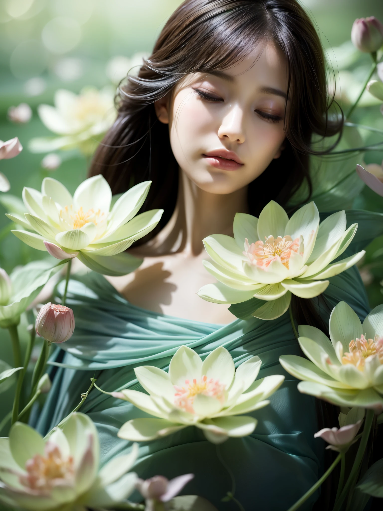 girl lying in a sea of flowers,soft lighting,dreamy atmosphere,beautiful detailed eyes,long eyelashes,soft smile,vivid colors,romantic and ethereal,impressionistic style,colorful petals,serene and peaceful ambiance,medium oil painting,ultra-detailed floral textures,realistic rendering,delicate brushstrokes,highres masterpiece,subtle bokeh effect,slightly blurred background,gentle breeze rustling the petals,serene and tranquil setting