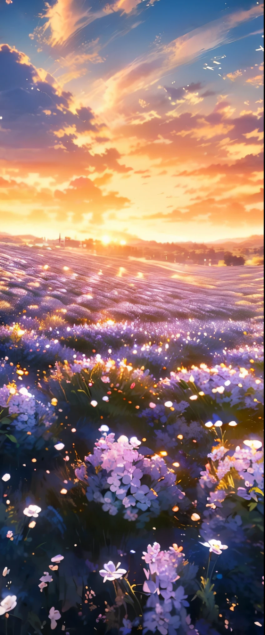 ((masterpiece, highest quality, Highest image quality, High resolution, photorealistic, Raw photo, 8K)), a field of purple flowers with the sun setting in the background, really beautiful nature, lilac sunrays, lavender fields in full bloom, beautiful nature, violet sky, purple beautiful sky, purple sunset, violet and yellow sunset, incredibly beautiful, in a lavender field in france, at purple sunset, beautiful place, field of fantasy flowers, purple sun, field of flowers, 
