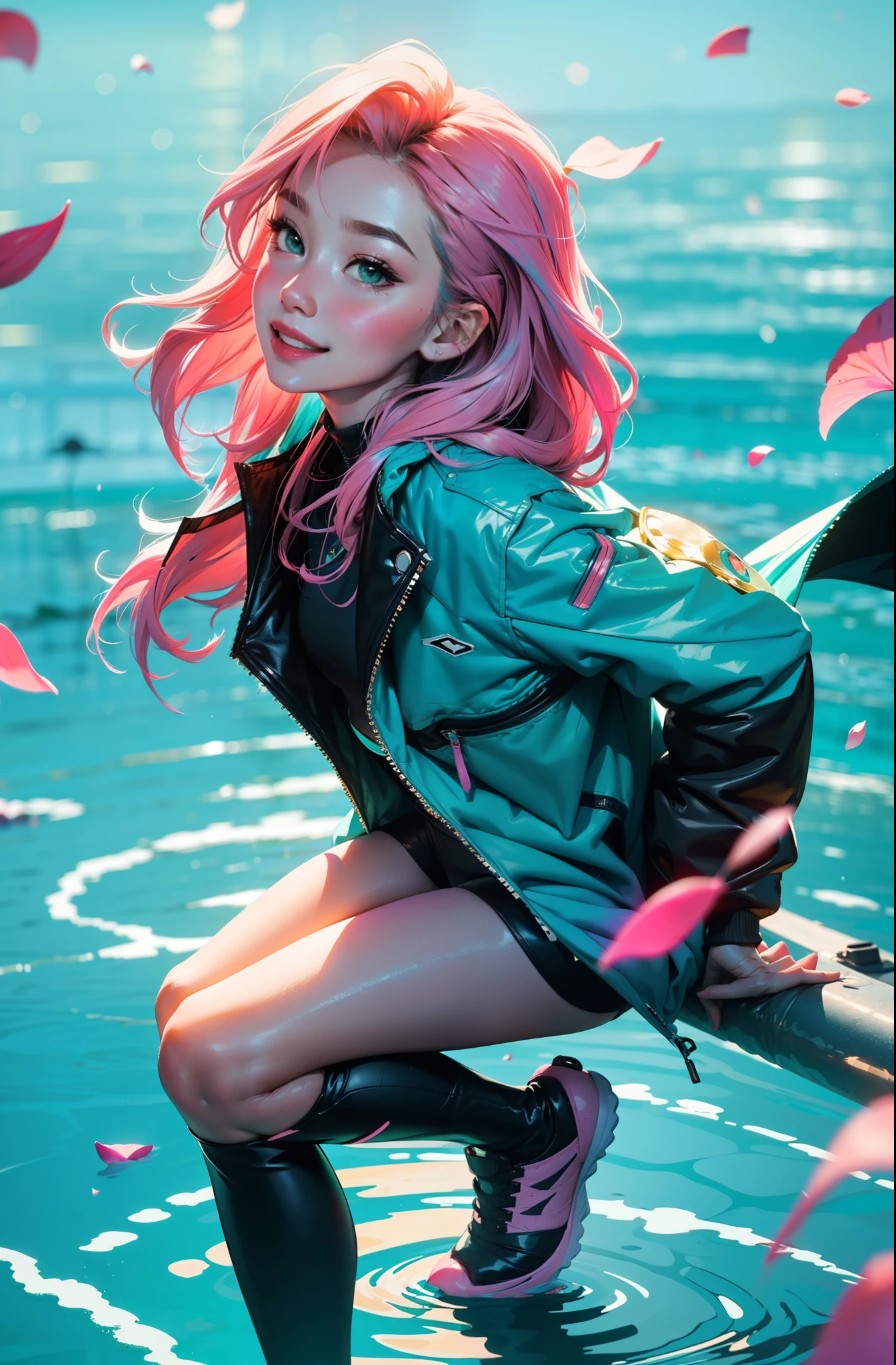 cyberpunk female woman wearing (turquoise Jacket with chromatic accents:1.1), sleek pink and White full bodysuit, side view turning to face camera, (Petal Blush, Lagoon Blue color background:1.3), amazing smile, looking at camera, golden hour
