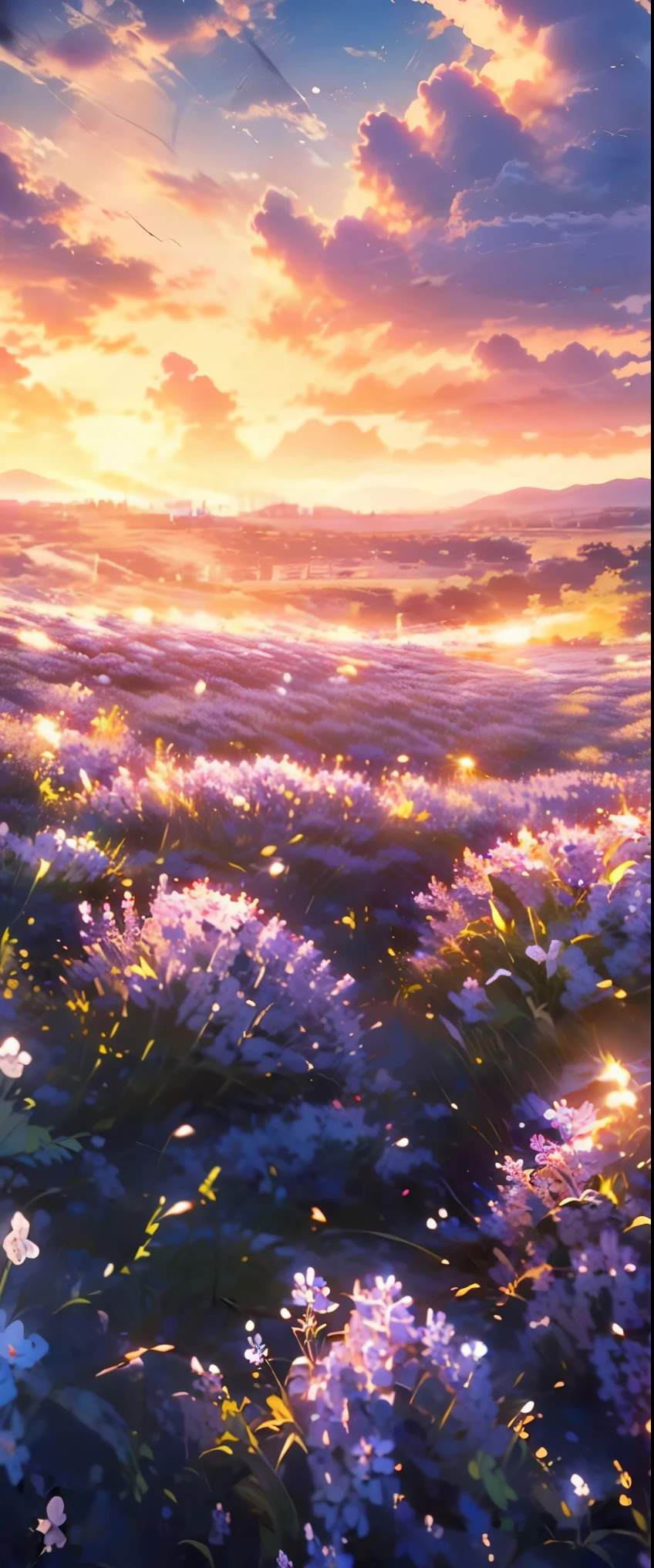 ((masterpiece, highest quality, Highest image quality, High resolution, photorealistic, Raw photo, 8K)), a field of purple flowers with the sun setting in the background, really beautiful nature, lilac sunrays, lavender fields in full bloom, beautiful nature, violet sky, purple beautiful sky, purple sunset, violet and yellow sunset, incredibly beautiful, in a lavender field in france, at purple sunset, beautiful place, field of fantasy flowers, purple sun, field of flowers, 
