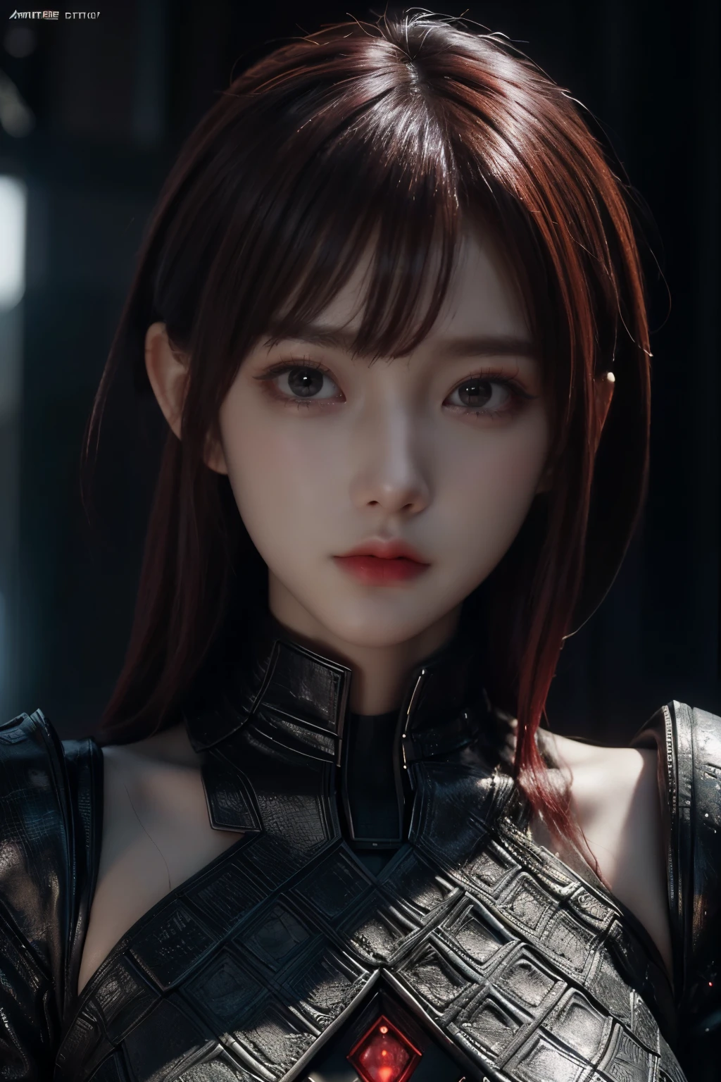 Masterpiece,Game art,The best picture quality,Highest resolution,8K,(Portrait),Unreal Engine 5 rendering works,(Digital Photography),((Portrait Feature:1.5)),
20 year old girl,Short hair details,With long bangs,(The red eye makeup is very meticulous),(With short red hair:1.4),(Large, full breasts),Elegant and noble,Brave and charming,
(Future armor combined with the characteristics of ancient Chinese armor,Hollow design,Power Armor,The mysterious Eastern runes,A delicate dress pattern,A flash of magic),Warrior of the future,Cyberpunk figures,Background of war,
Movie lights，Ray tracing，Game CG，((3D Unreal Engine))，OC rendering reflection pattern