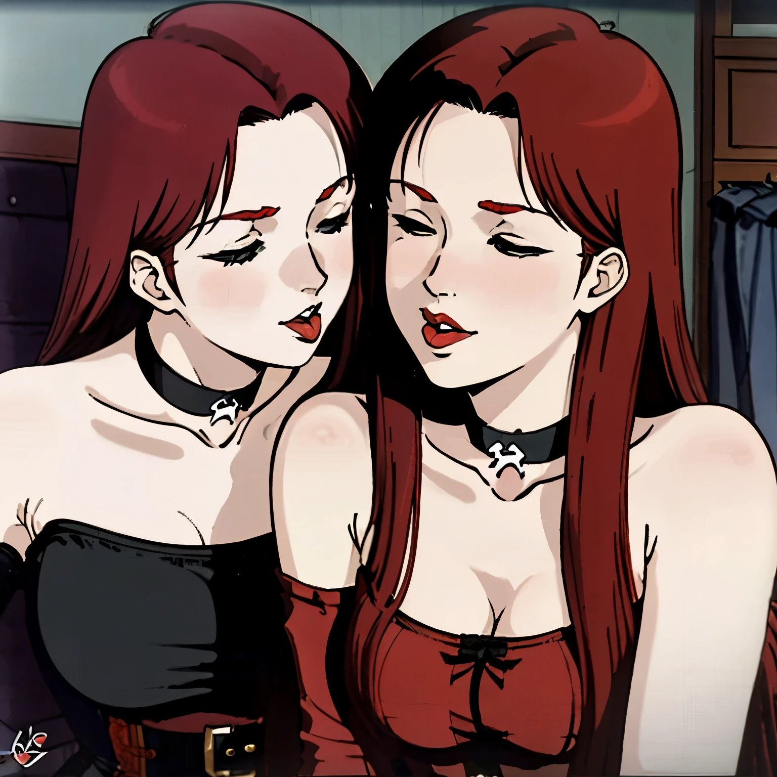 Anime image of two women with red hair and black bra tops - SeaArt AI