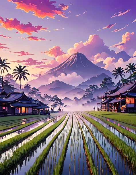 (surrelasim:1.4), cute anime style, design a captivating image of a ((mystical mist)) hovering above a ((lush rice paddy)), mesm...