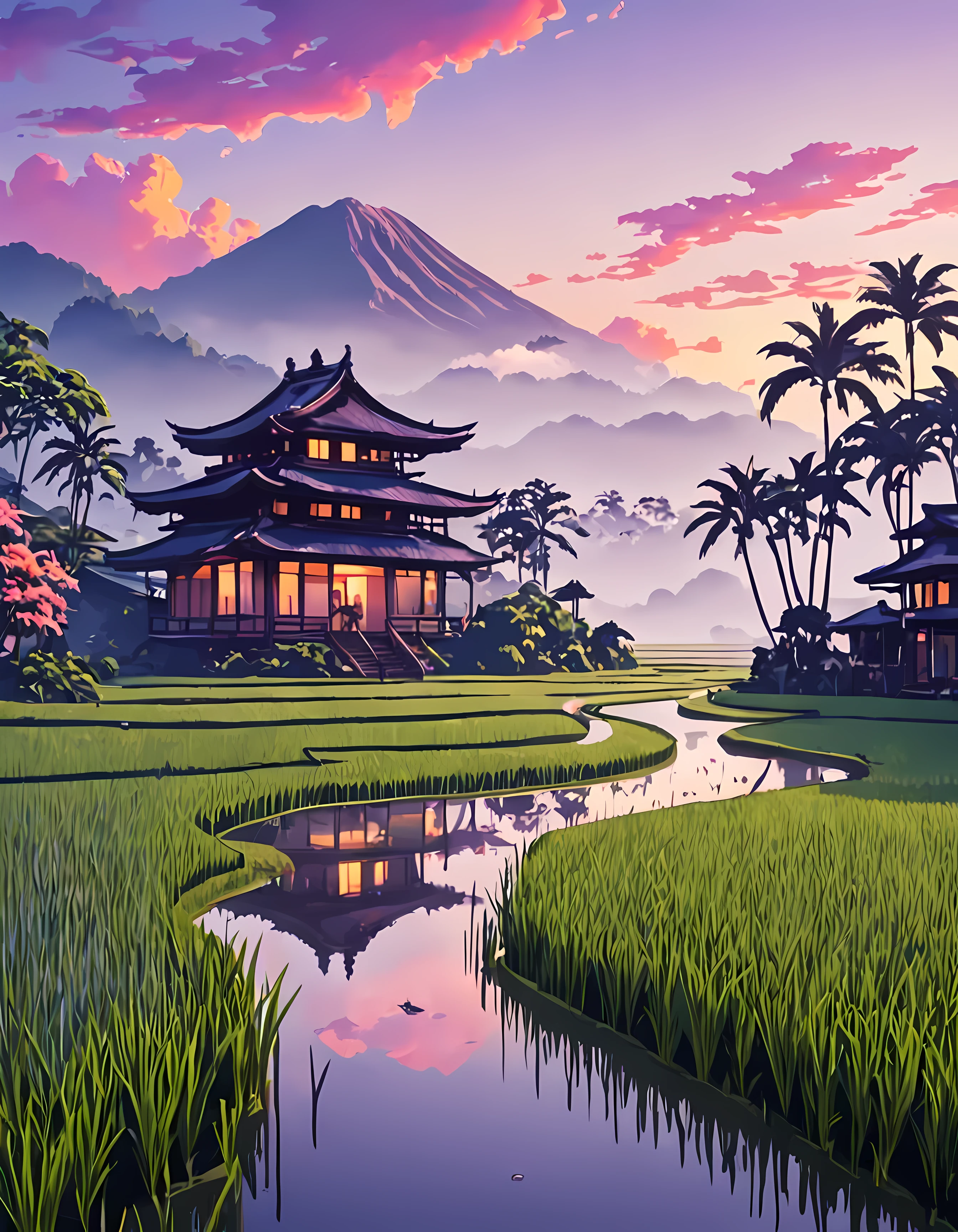 (Surrelasim:1.4), cute anime style, design a captivating image of a ((mystical mist)) hovering above a ((lush rice paddy)), mesmerizing dawn with hues of orange, pink and purple, (Japanese architecture), cloudy, dreamy, masterpiece in maximum 16K resolution, superb quality. | ((More_Detail))
