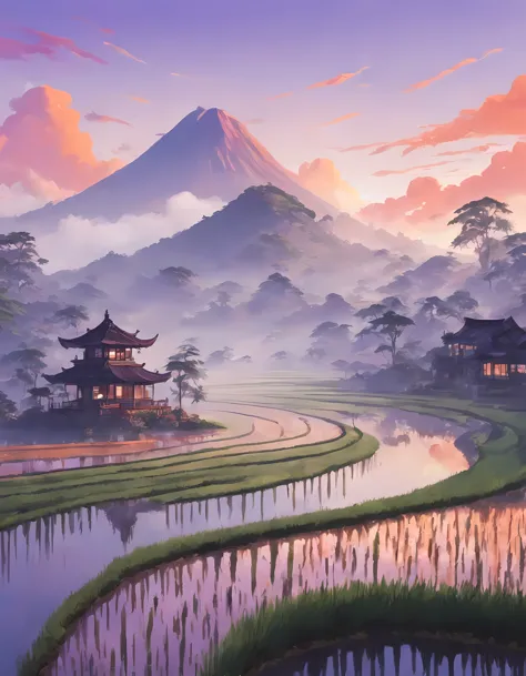 (Surrelasim:1.4), cute anime style, design a captivating image of a ((mystical mist)) hovering above a ((lush rice paddy)), mesm...