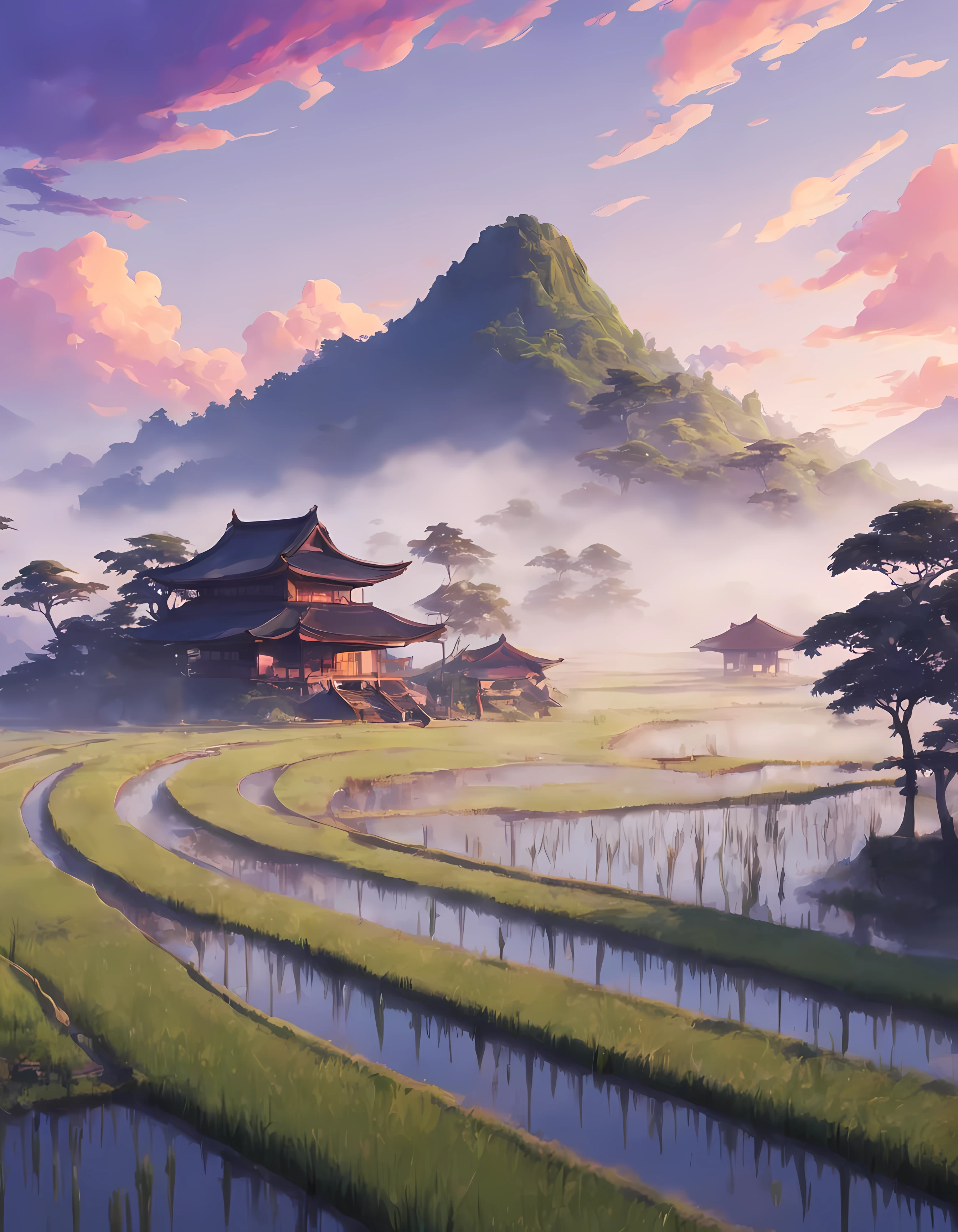 (Surrelasim:1.4), cute anime style, design a captivating image of a ((mystical mist)) hovering above a ((lush rice paddy)), mesmerizing dawn with hues of orange, pink and purple, (Japanese architecture), cloudy, dreamy, ((epic)), masterpiece in maximum 16K resolution, superb quality. | ((More_Detail))
