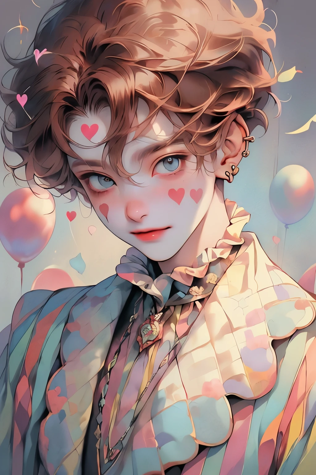 1boy, masterpiece, detailed,  ((detailed eyeoonlight, pastel, short hair, formal clothes(18th century male clothes), looking at viewer, carnival, ((brown hair)), pastel blue and purple colors, Portraits with focus on the upper Body, no earing, heart on cheek, smile, clown