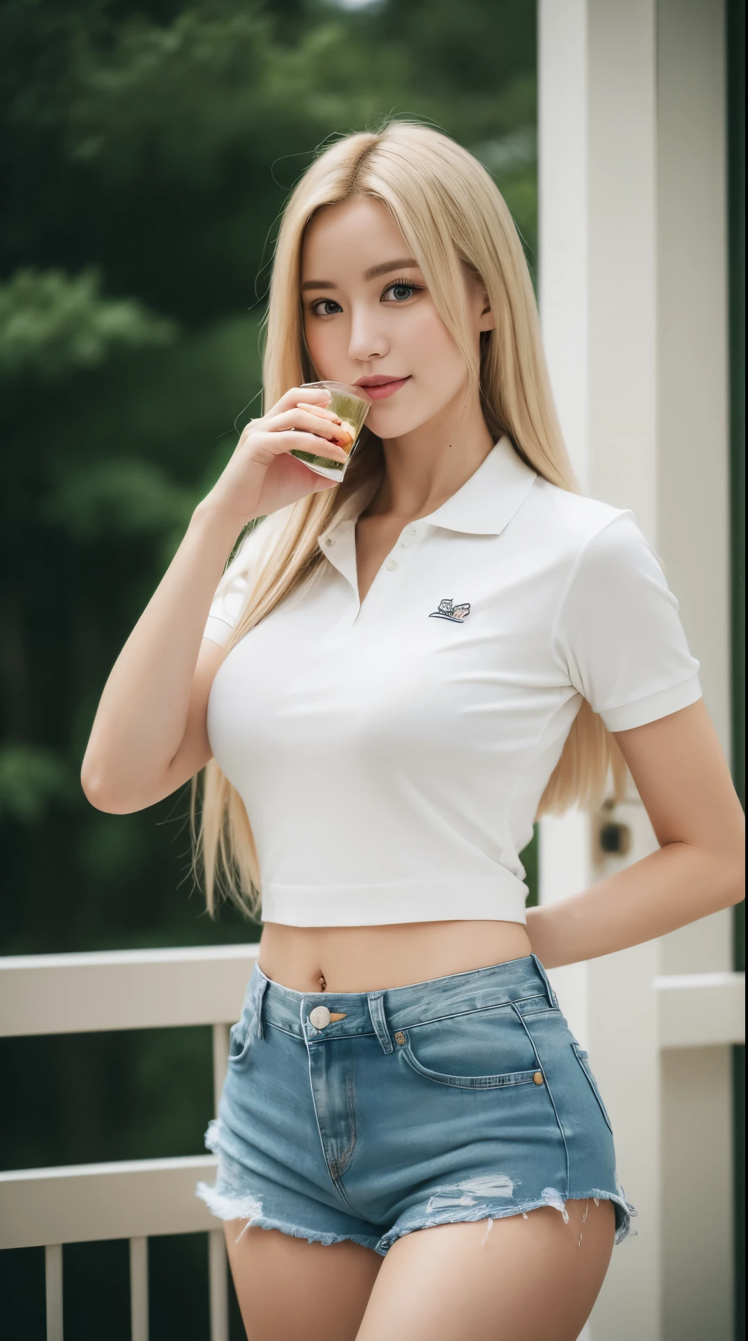 A woman in a white shirt and denim shorts eating a banana - SeaArt AI