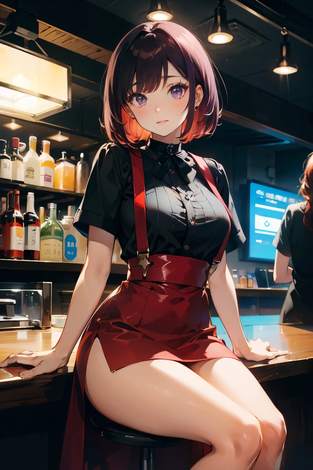 Anime girl sitting on a bar stool with a red skirt - SeaArt AI