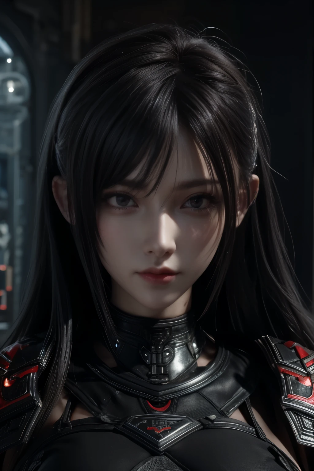 Masterpiece,Game art,The best picture quality,Highest resolution,8K,(Portrait),Unreal Engine 5 rendering works,(Digital Photography),((Portrait Feature:1.5)),
20 year old girl,Short hair details,With long bangs,(The red eye makeup is very meticulous),(With long gray hair:1.4),(Large, full breasts),Elegant and noble,Brave and charming,
(Future armor combined with the characteristics of ancient Chinese armor,Hollow design,Power Armor,The mysterious Eastern runes,A delicate dress pattern,A flash of magic),Warrior of the future,Cyberpunk figures,Background of war,
Movie lights，Ray tracing，Game CG，((3D Unreal Engine))，OC rendering reflection pattern