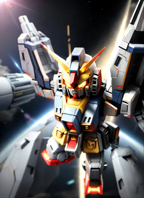 ((SF))、(masterpiece)、highest quality、Highly detailed CG Unity 8k wallpaper、((SD Gundam 1.4))、(F91)、sharp gaze、Confront the enemy with a bazooka and saber、dance in the air、Flying through the sky like a comet、surrounded by fin funnels、chibi character、backgro...