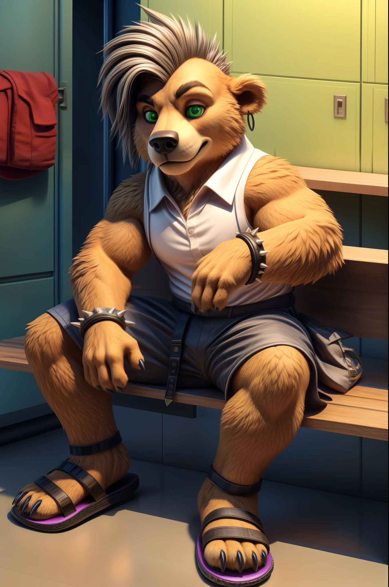 Digital furry portrait, barefoot furry character, full body, solo, furry male beefy bear boy, school uniform, long pants, sitting on the bench in lockers room, goth accessories, troublemaker, nike flip flops or slides, short mohawk hair style, bluish gray hair, two earings on one ears, rock bracelet with spikes nice paws with short claws BREAK, hi res, detailed background, 8k, masterpiece, (relaxed angles and pose:1.2), (masterpiece:1.5), concept art, intricate details, highly detailed, photorealistic, octane render, 8k, unreal engine, best quality, highres, (realistic face:1.1), (hyperrealistic:1.1), ((full_body)), perfect green eyes, (((perfect hands))), low ligth:1.2