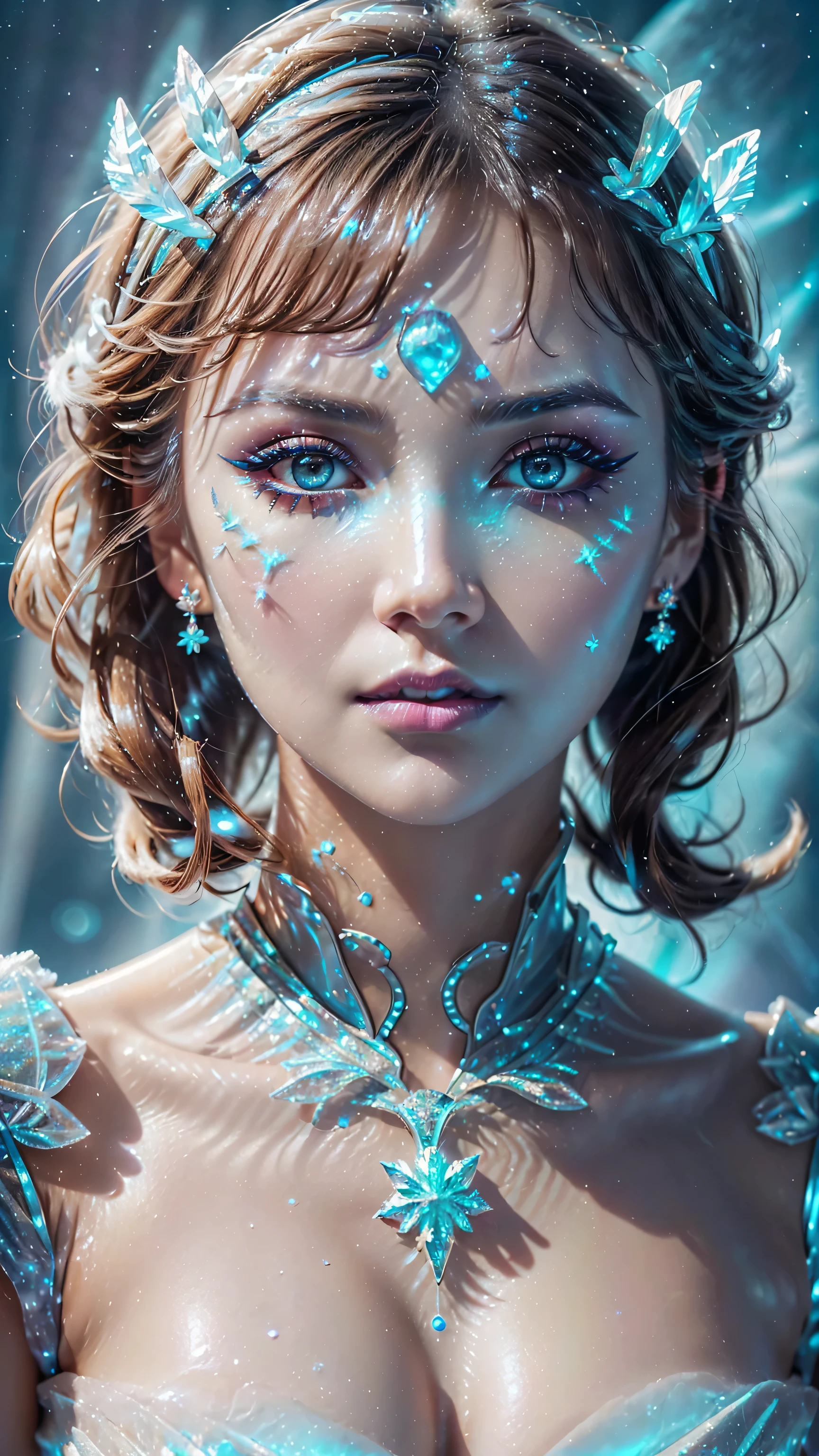 dressed, (details of a very beautiful face)(best quality:1.4)16k resolution,(photo realistic:1.65), (realistic:1.65), 16k, (1girl:1.4) 21years old、((ancient ice priestess:1.3))、(((pillar of neon cold light from the sky:1.4))), (Increase quality:1.3), (best quality real texture skin:1.2), (ultra detailed eyes:1.3), ((finely detailed face:1.3)), ((finely quality eyes)), (tired and sleepy and satisfied:0.0), (detailed lips:1.33)、(Detailed nose:1.2)、(Increase body line mood:1.1), (Increase skin texture beauty:1.3), (small head: 1.4)、(slim face), ((anatomically correct)), velvety frost_makeup:1.35, long_blue_eyeliner:1.2, (frozen blue_ice_lipstick:1.4), ((frozen_blue_eyes:1.3)), (perfect blue_frozen_eyeshadows:1.25), there a close up of a woman's, (super detailed makeup on eyes:1.3), iridescent eyes, with professional makeup, vibrant eyes:1.2, (((Fluorescent ice crystals of different color:1.43)), (translucent:1.4), (Fantasy:1.4))), (anatomically correct:1.3)、((cleavage))、(I encourage you to choose a subdued and perfectly coordinated background for your phenomenal, diverse random creation)、((Use any technique to combine available materials, ((ice, fantasy armor, glass)):1.45), ((a beautiful antique ice diadem on her head:1.22)), (((bioluminescence ice:1.33))), ((fantasy elemental magic of the land of ice:1.33)), ((hair is a different color than eyes)), dynamic random fancy, professional hairstyles)、(very delicate and beautiful、fine details:1.3)、((ultra sharp fouatte skin:1.45))、((upper body shot:1.3))、(((wearing a dress of bioluminescence ice armor:1.33))), (((a very complicated, fancy style of dress in the shape of ice crystals: 1.65))), ((falling snowflakes, icy touch in the foreground:1.34)), UHD