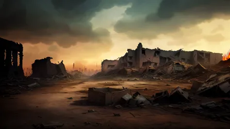 rural, background animation, cityscape, ghibli style, makoto shinkai, arafed city with a lot of rubble and a fire in the sky, in...