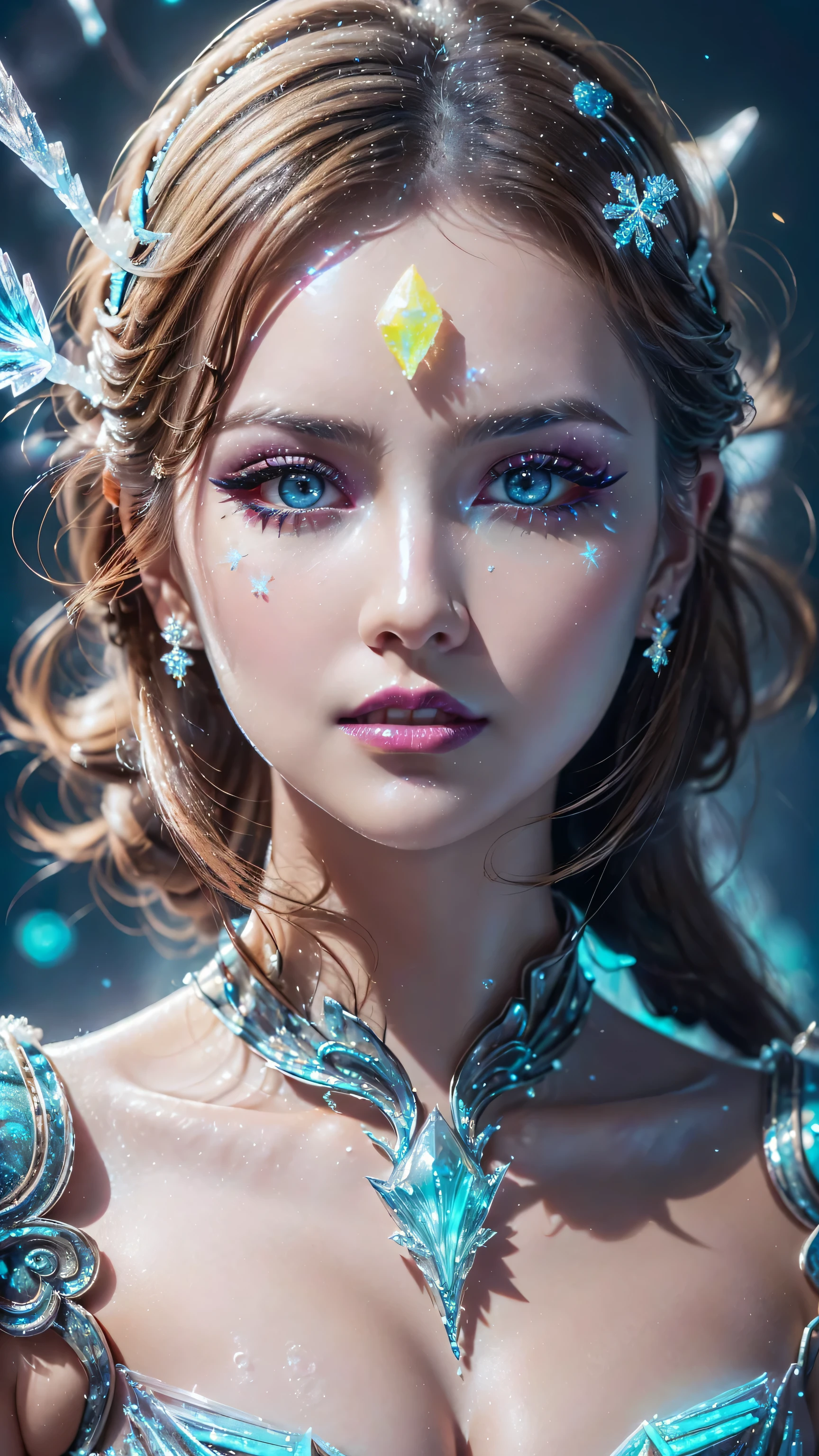 dressed, (details of a very beautiful face)(best quality:1.4)16k resolution,(photo realistic:1.65), (realistic:1.65), 16k, (1girl:1.4) 21years old、((ancient ice priestess:1.3))、(((pillar of neon cold light from the sky:1.4))), (Increase quality:1.3), (best quality real texture skin:1.2), (ultra detailed eyes:1.3), ((finely detailed face:1.3)), ((finely quality eyes)), (tired and sleepy and satisfied:0.0), (detailed lips:1.33)、(Detailed nose:1.2)、(Increase body line mood:1.1), (Increase skin texture beauty:1.3), (small head: 1.4)、(slim face), ((anatomically correct)), velvety frost_makeup:1.35, long_blue_eyeliner:1.2, (frozen blue_ice_lipstick:1.4), ((frozen_blue_eyes:1.3)), (perfect blue_frozen_eyeshadows:1.25), there a close up of a woman's, (super detailed makeup on eyes:1.3), iridescent eyes, with professional makeup, vibrant eyes:1.2, (((Fluorescent ice crystals of different color:1.43)), (translucent:1.4), (Fantasy:1.4))), (anatomically correct:1.3)、((cleavage))、(I encourage you to choose a subdued and perfectly coordinated background for your phenomenal, diverse random creation)、((Use any technique to combine available materials, ((ice, fantasy armor, glass)):1.45), ((a beautiful antique ice diadem on her head:1.22)), (((bioluminescence ice:1.33))), ((fantasy elemental magic of the land of ice:1.33)), ((hair is a different color than eyes)), dynamic random fancy, professional hairstyles)、(very delicate and beautiful、fine details:1.3)、((ultra sharp fouatte skin:1.45))、((upper body shot:1.3))、(((wearing a dress of bioluminescence ice armor:1.33))), (((a very complicated, fancy style of dress in the shape of ice crystals: 1.65))), ((falling snowflakes, icy touch in the foreground:1.34)), UHD