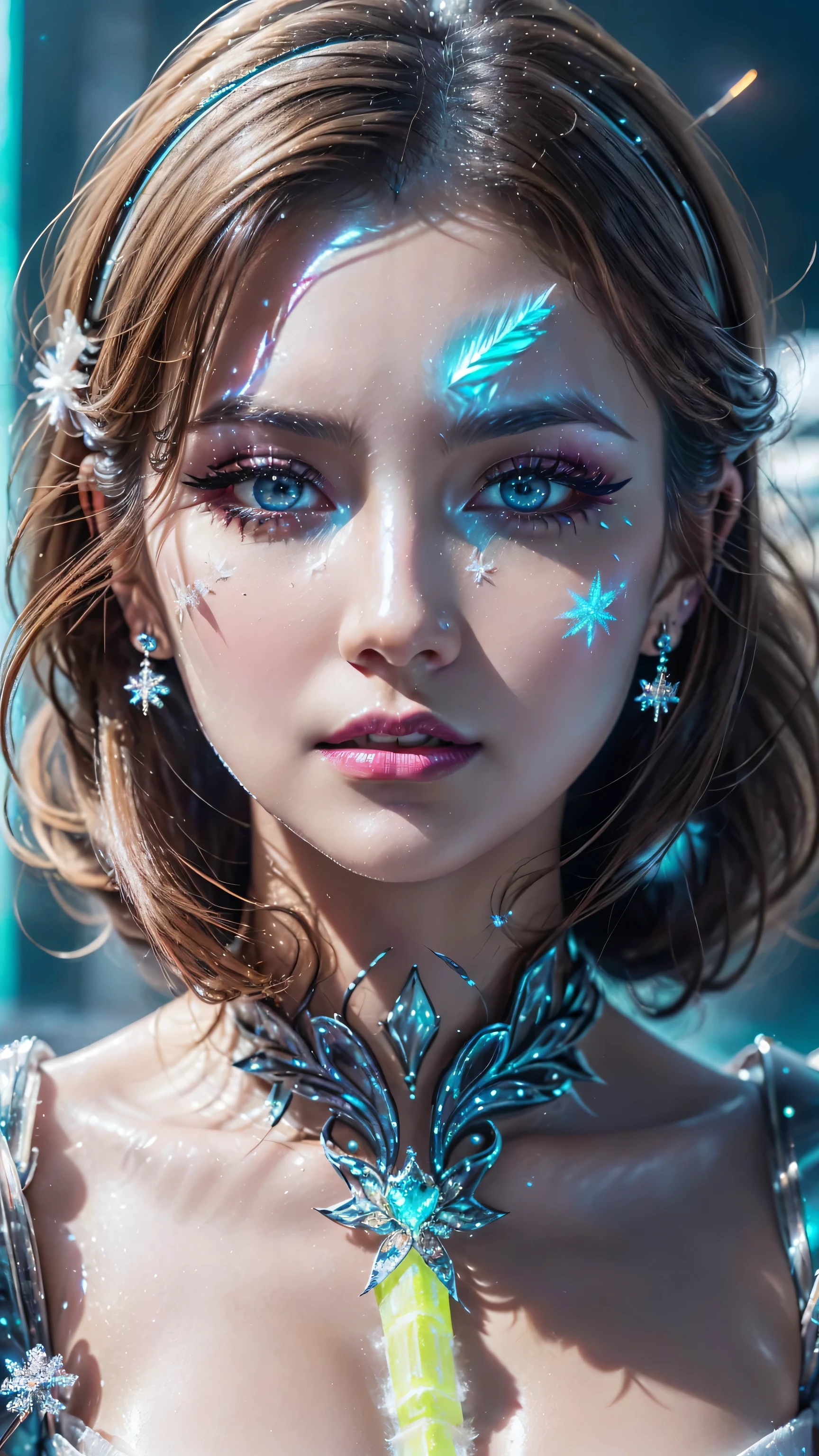 dressed, (details of a very beautiful face)(best quality:1.4)16k resolution,(photo realistic:1.65), (realistic:1.65), 16k, (1girl:1.4) 21years old、((ancient ice priestess:1.3))、(((pillar of neon cold light from the sky:1.4))), (Increase quality:1.3), (best quality real texture skin:1.2), (ultra detailed eyes:1.3), ((finely detailed face:1.3)), ((finely quality eyes)), (tired and sleepy and satisfied:0.0), (detailed lips:1.33)、(Detailed nose:1.2)、(Increase body line mood:1.1), (Increase skin texture beauty:1.3), (small head: 1.4)、(slim face), ((anatomically correct)), velvety frost_makeup:1.35, long_blue_eyeliner:1.2, (frozen blue_ice_lipstick:1.4), ((frozen_blue_eyes:1.3)), (perfect blue_frozen_eyeshadows:1.25), there a close up of a woman's, (super detailed makeup on eyes:1.3), iridescent eyes, with professional makeup, vibrant eyes:1.2, (((Fluorescent ice crystals of different color:1.43)), (translucent:1.4), (Fantasy:1.4))), (anatomically correct:1.3)、((cleavage))、(I encourage you to choose a subdued and perfectly coordinated background for your phenomenal, diverse random creation)、((Use any technique to combine available materials, ((ice, fantasy armor, glass)):1.45), ((a beautiful antique ice diadem on her head:1.22)), (((bioluminescence ice:1.33))), ((fantasy elemental magic of the land of ice:1.33)), ((hair is a different color than eyes)), dynamic random fancy, professional hairstyles)、(very delicate and beautiful、fine details:1.3)、((ultra sharp fouatte skin:1.45))、((upper body shot:1.3))、(((wearing a dress of bioluminescence ice armor:1.33))), (((a very complicated, fancy style of dress in the shape of ice crystals: 1.65))), ((falling snowflakes, icy touch in the foreground:1.34)), UHD