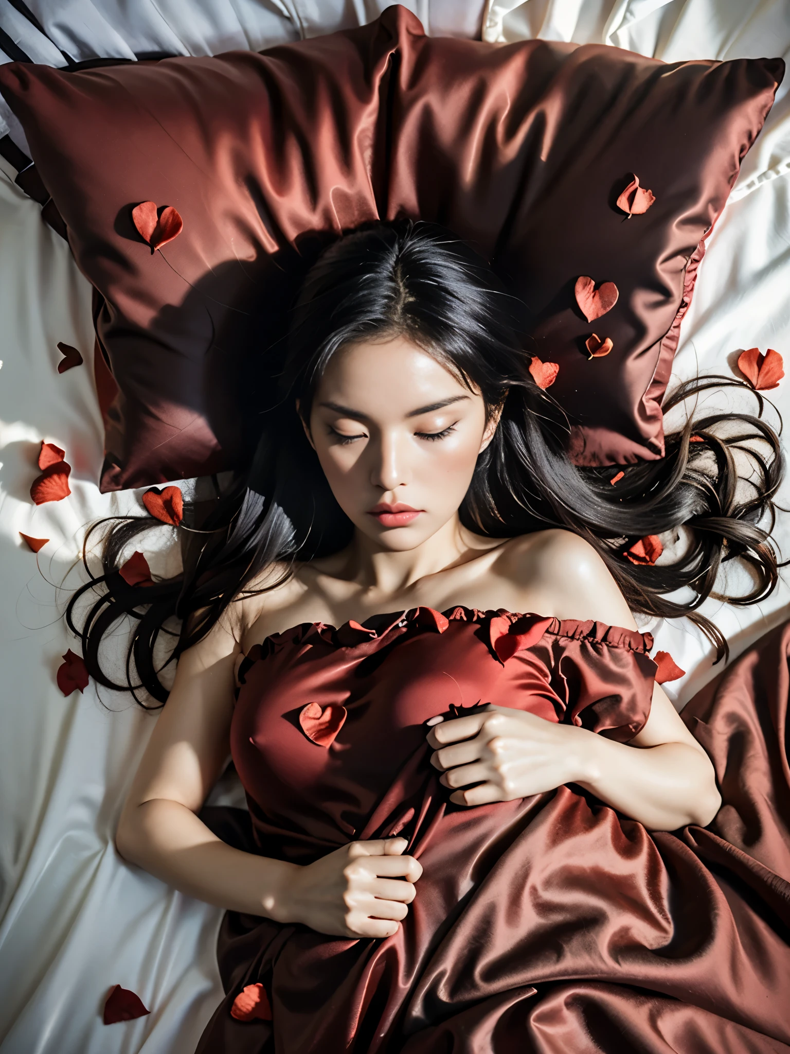 16k, masterpiece, photorealism, (PORTRAIT: 1,2), close-up, 1 girl lying in bed, (GIRL 25 YEARS OLD), hearts scattered everywhere, long dark hair, RED silk bed linen, (ALL RED SILK BED LINEN : 1,3), RED SILK, camera from above under the ceiling, soft shadows, heart-shaped rose petals scattered on the floor, filmed on a camera