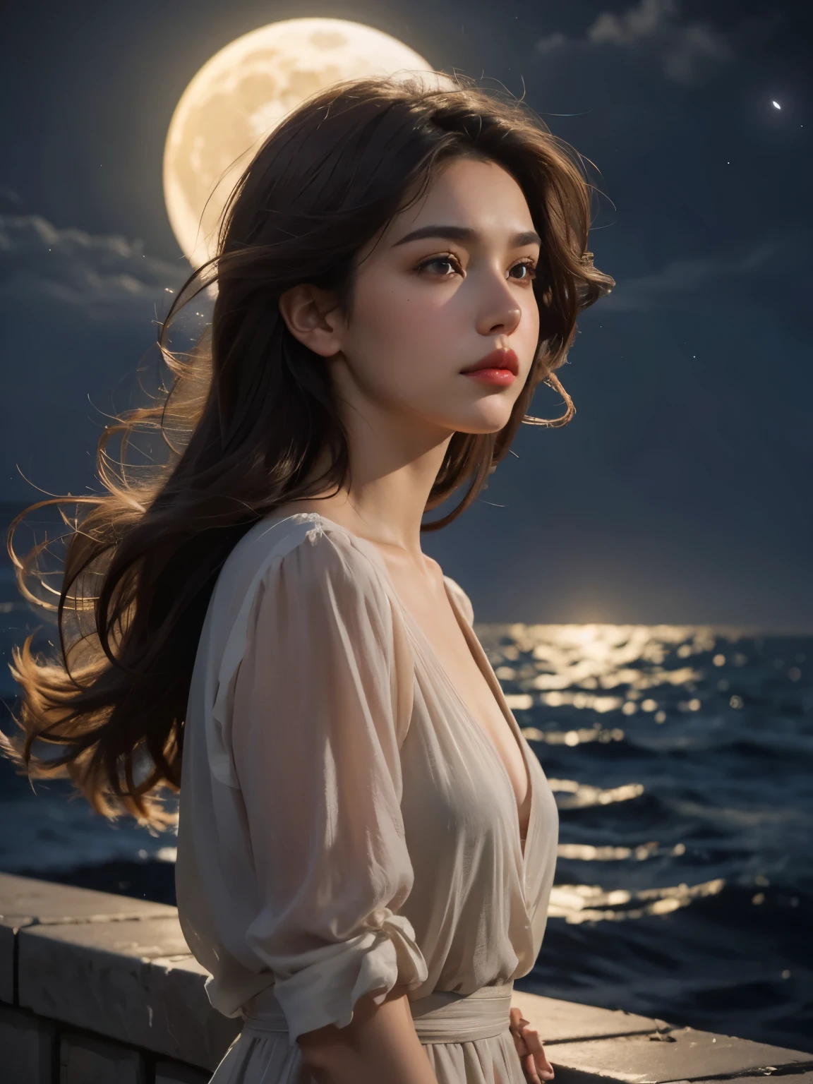 Upper body close-up image. A beautiful woman. Dark brown hair. Twenties. She stands near the breakwater and looks at the bright moon in the night sky. She looks a little sad. A cool breeze is blowing her hair.