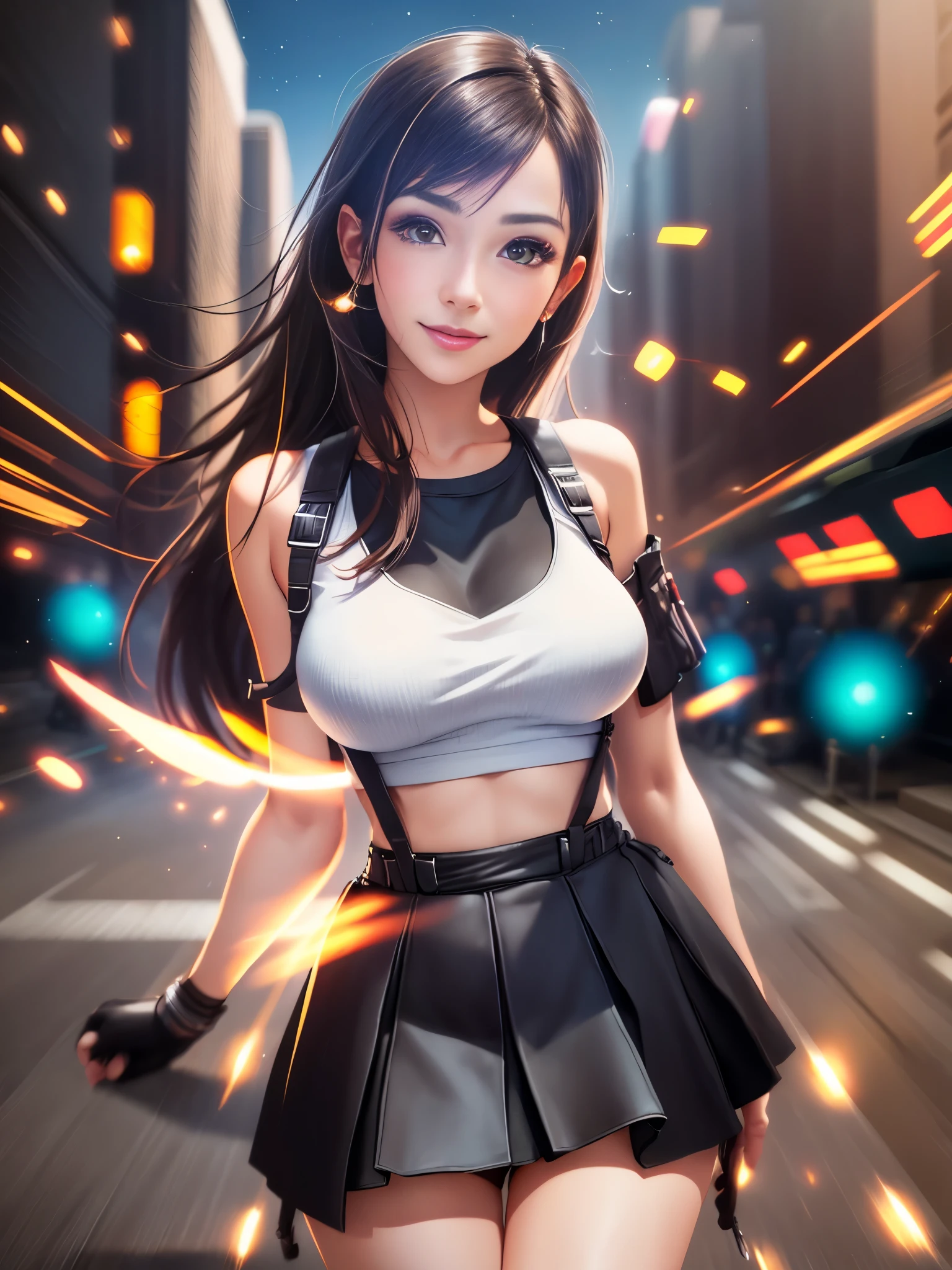 1girl, solo, looking at viewer, smile, makeup, sun, mid day, off-shoulder shirt (realistic:1.2), (realism), (masterpiece:1.2), (best quality), (ultra detailed), (8k, 4k, intricate),(full-body-shot:1), (85mm),light particles, lighting, (highly detailed:1.2),(detailed face:1.2), (gradients), sfw, colorful,(detailed eyes:1.2)(detailed background),detailed landscape, (dynamic angle:1.2), (dynamic pose:1.2), (rule of third_composition:1.3), (Line of action:1.2). Tifa Lockhart. White tanktop, mini skirt, stockings