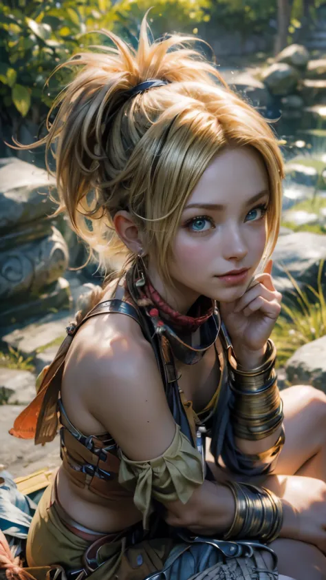 Rikku, the vibrant and lively Vygasian heroine from Final Fantasy X-2, is depicted in this stunning image. She sits confidently ...