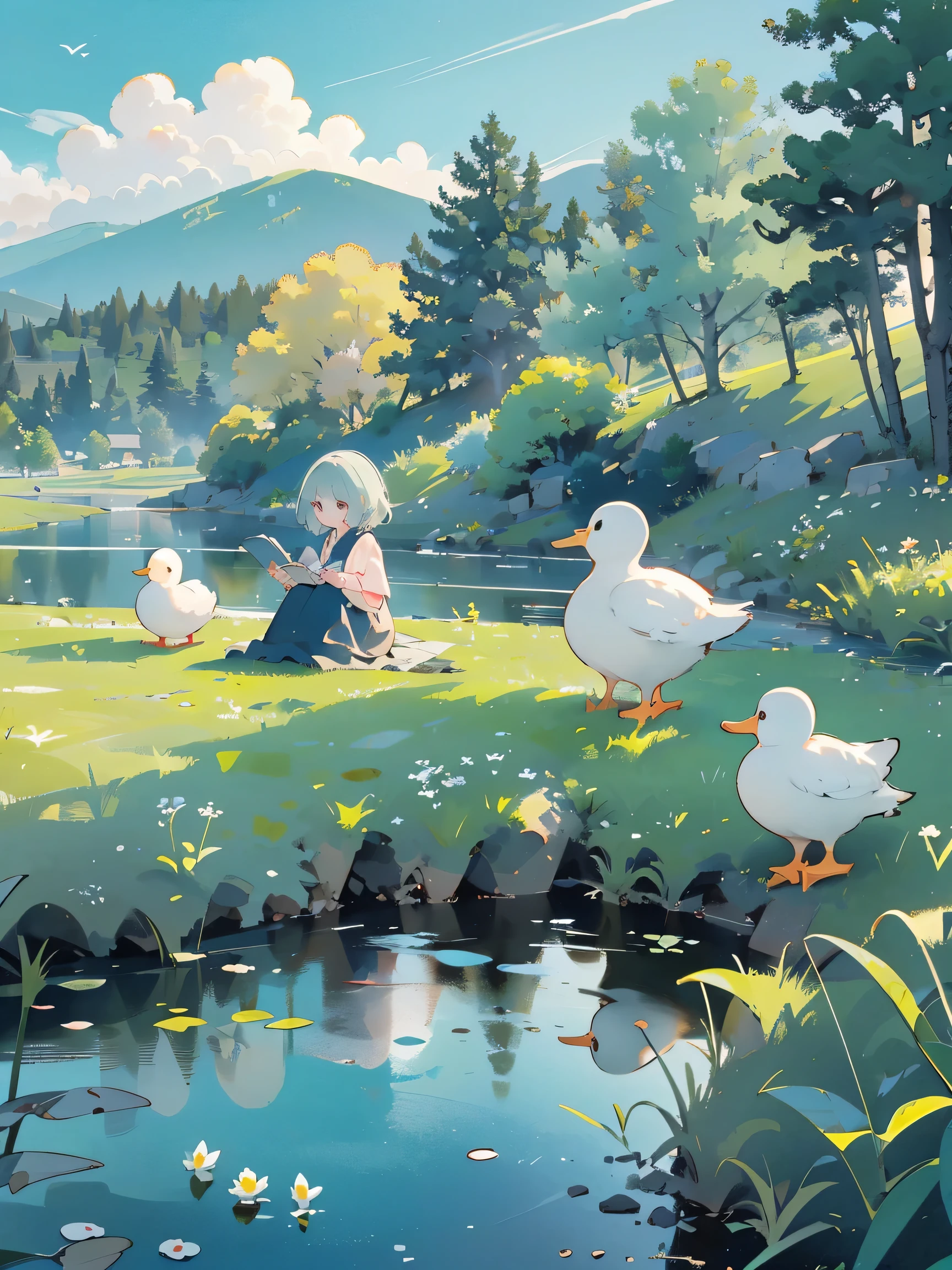 ((A girl sitting by the pond))，(Play in the fields, paddy，Cute ducks, cute girls), Ghibli background style, Yuru Chara Style，Cute storybook illustration, , 柔和的Light, cream, Giorgio Morandi Colors, thick line graph, Full color illustration, Forest picnic, cover illustration, landscape，truck，grassy fields，grassy，plant，natural style, (Light:1.0)，masterpiece，best quality,