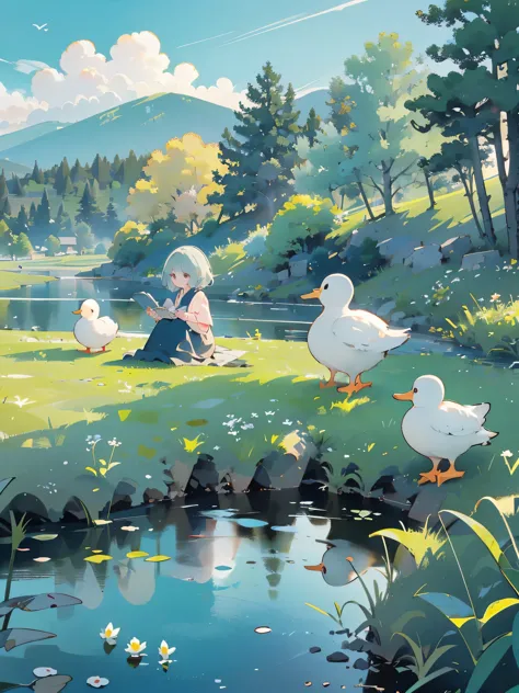 ((A girl sitting by the pond))，(Play in the fields, paddy，Cute ducks, cute girls), Ghibli background style, Yuru Chara Style，Cut...