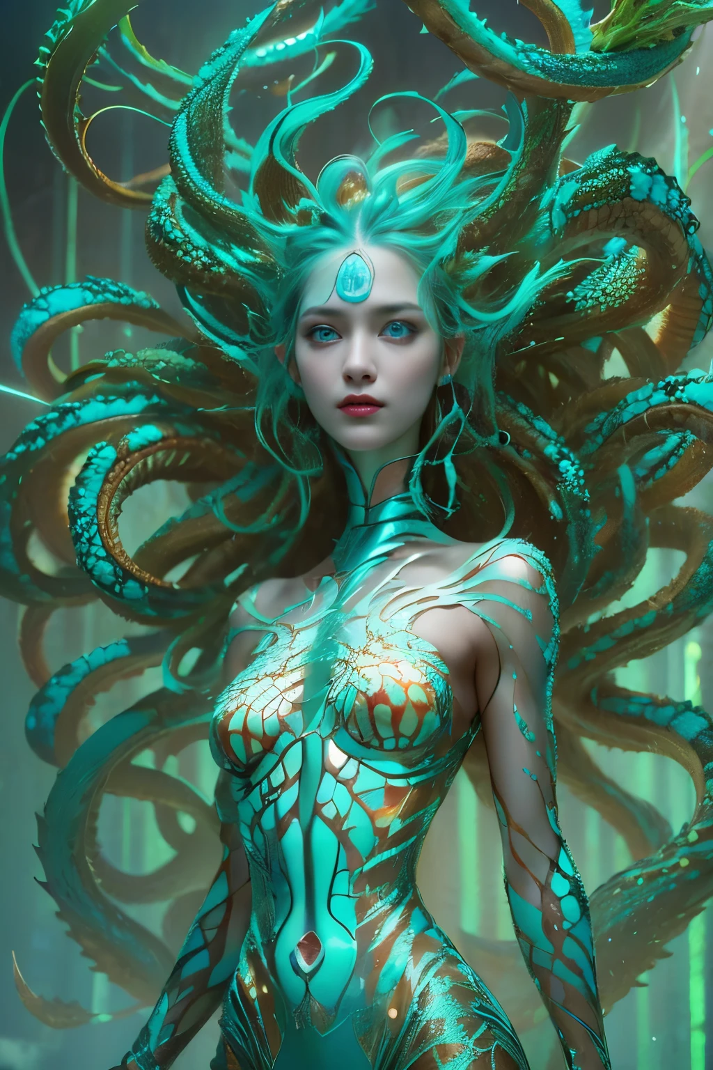 (1 female medusa-like mutant: 1.2), With a beautiful, enchanting face, this alien seduces us with her allure. Her captivating red eyes gleam brightly, reminiscent of burning embers. Her full body is unlike any human's, boasting a sexy, otherworldly form. No humans are present in this scene as she stands alone, her cells fused in a unique and intriguing extraterrestrial way.
(extraordinary beautiful nude photo:1.4), (glowing Turquoise blaze eyes:1.5), (sexy and glamorous:1.1), (coquettish expression:1.2), toned lean body, (muscular:1.2), (beautiful abs:1.5), beautiful nipples,  She has lots of iridescent translucent tentacles instead of her hair, pale skin, (white skin with prominent veins:1.3),
Lots of iridescent translucent tentacles adorn her body, shimmering under the dramatic lighting. Her pale skin, with a hint of translucency, adds to her ethereal allure. This masterpiece, rendered in