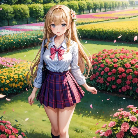 有一个女人Standing in the flower field的小路上, Wearing a honey themed mini skirt, Standing in the flower field, school girl uniform, Lov...