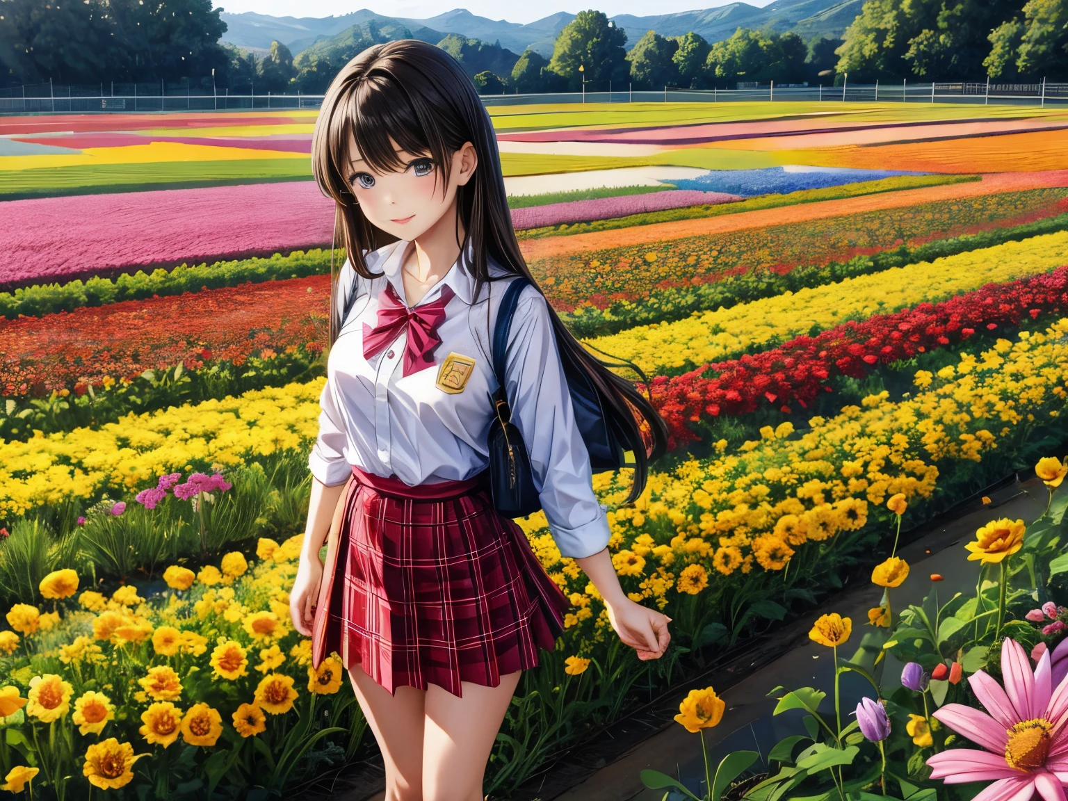 有一个女人Standing in the flower field的小路上, Wearing a honey themed mini skirt, Standing in the flower field, school girl uniform, Lovely , Standing in the flower field, Young and beautiful gravure idol, Japanese school, Plaid skirt, Portrait of a teenager, real life anime girls, Qingfu, full body Lovely young lady