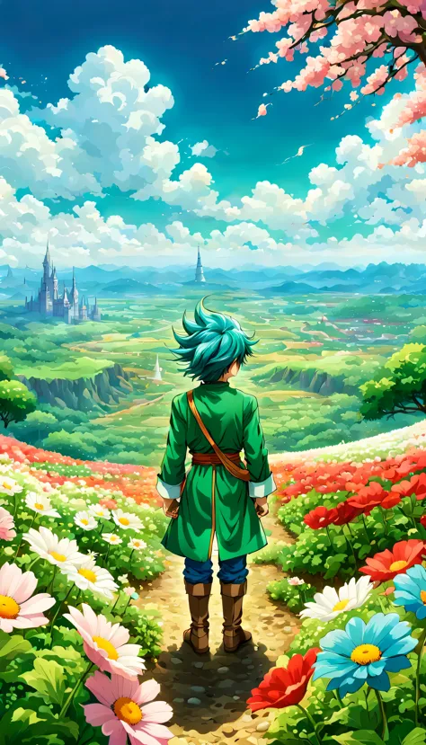 一面の花畑のwind景,the main character stands in the center of the flower garden:dragon quest 4,dragon quest 4の主人公:rear view:male:17 yea...