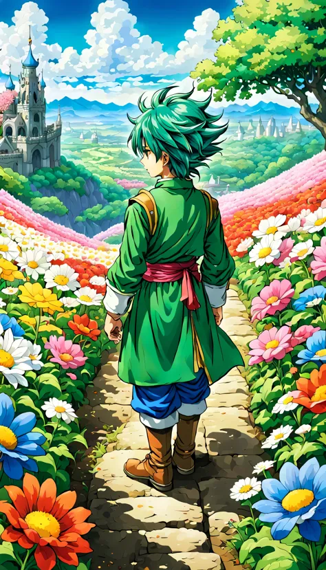 一面の花畑のwind景,the main character stands in the center of the flower garden:dragon quest 4,dragon quest 4の主人公:rear view:male:17 yea...