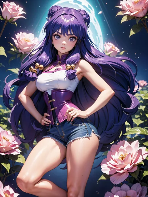 anime cabelo purple com short jeans e corset rosa pink, 16 anos, corpo bonito, seios grandes, with hands on hips and in hair, ha...