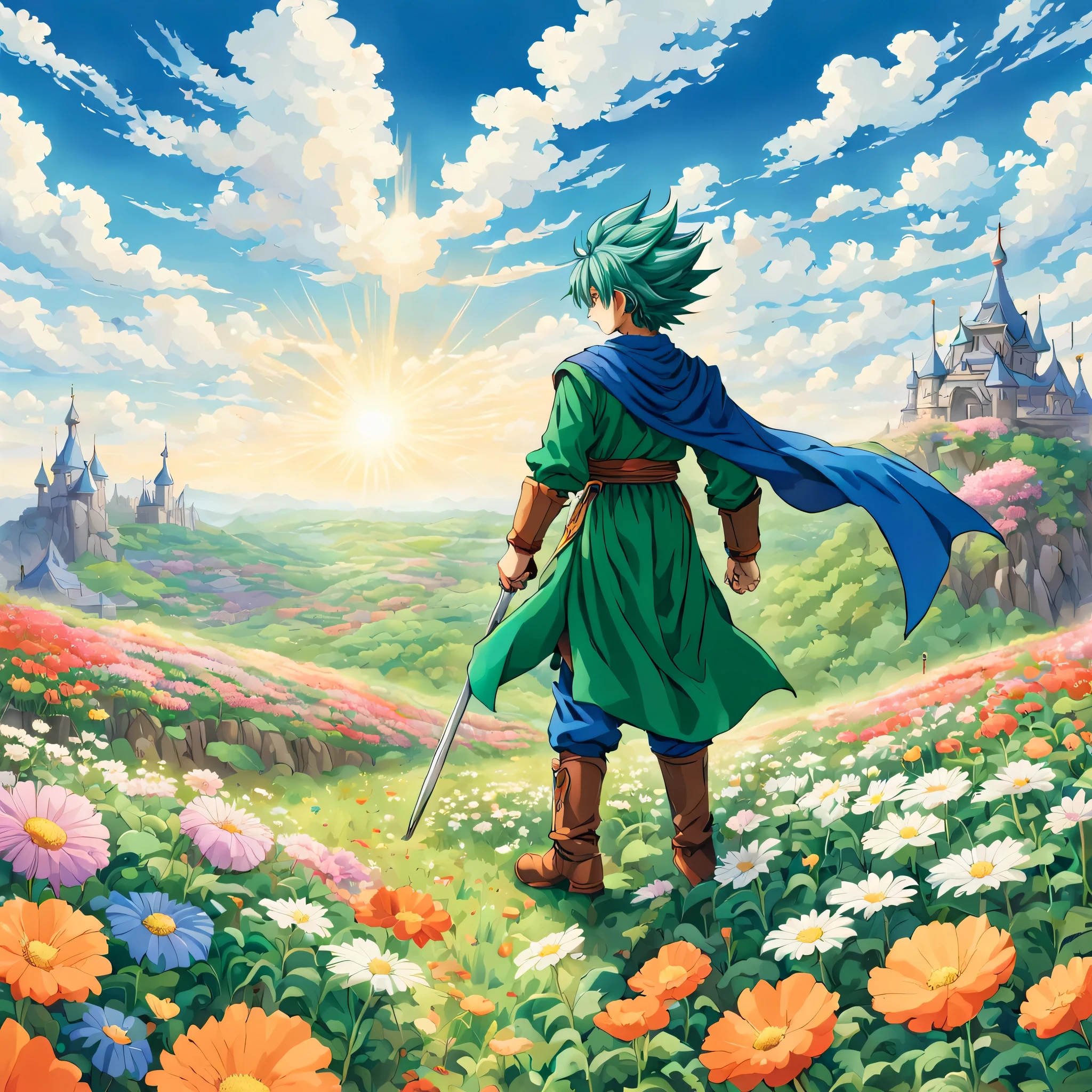 一面の花畑のwind景,The main character stands in the center of the flower garden:dragon quest 4,Dragon Quest 4&#39;s protagonist:Rear view:male:,Costume of the brave:be familiar with,He has no time left for sentimentality..,I have to leave this place as soon as possible..,deep sadness of losing a loved one,Very beautiful flower garden,wind,petals dance,A work of art that moves the viewer,tears,Expressing deep sadness with the beauty of a flower garden,lament,masterpiece,The highest masterpiece,digital art,アニメ,be familiar with,flash,Very flash,鳥山明の画wind,flower garden on the cliff,vast land below,I see the city in the distance,beautiful blue sky,emerald green hair:natural perm,dream-like,rendering,On the day of departure,farewell,beautiful light and shadow,those who are guided