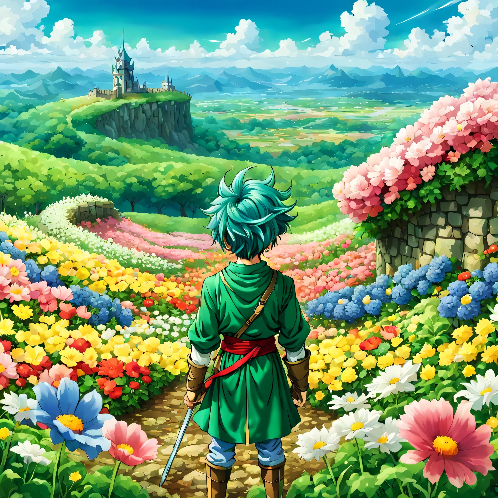 一面の花畑のWind景,The main character stands in the center of the flower garden:dragon quest 4,dragon quest 4の主人公:Rear view:male:17 years old,Costume of the brave:be familiar with,He has no time left for sentimentality..,I have to leave this place as soon as possible..,deep sadness of losing a loved one,Very beautiful flower garden,Wind,petals dance,A work of art that moves the viewer,tears,Expressing deep sadness with the beauty of a flower garden,lament,masterpiece,最高masterpiece,digital art,anime,be familiar with,flash,とてもflash,鳥山明の画Wind,flower garden on the cliff,vast land below,I see the city in the distance,beautiful blue sky,emerald green hair:natural perm,dream-like,rendering,On the day of departure,farewell,beautiful light and shadow,those who are guided