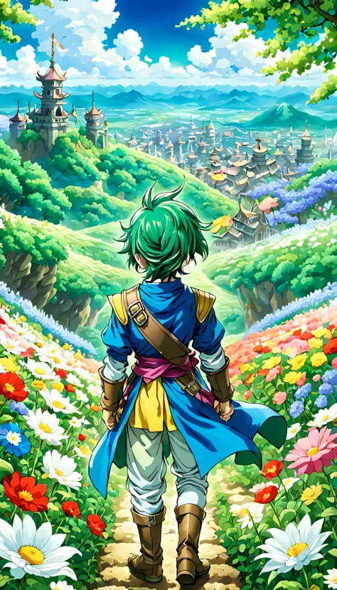 一面の花畑のwind景,the main character stands in the center of the flower garden:dragon quest 4,dragon quest 4の主人公:rear view:male:17 yea...