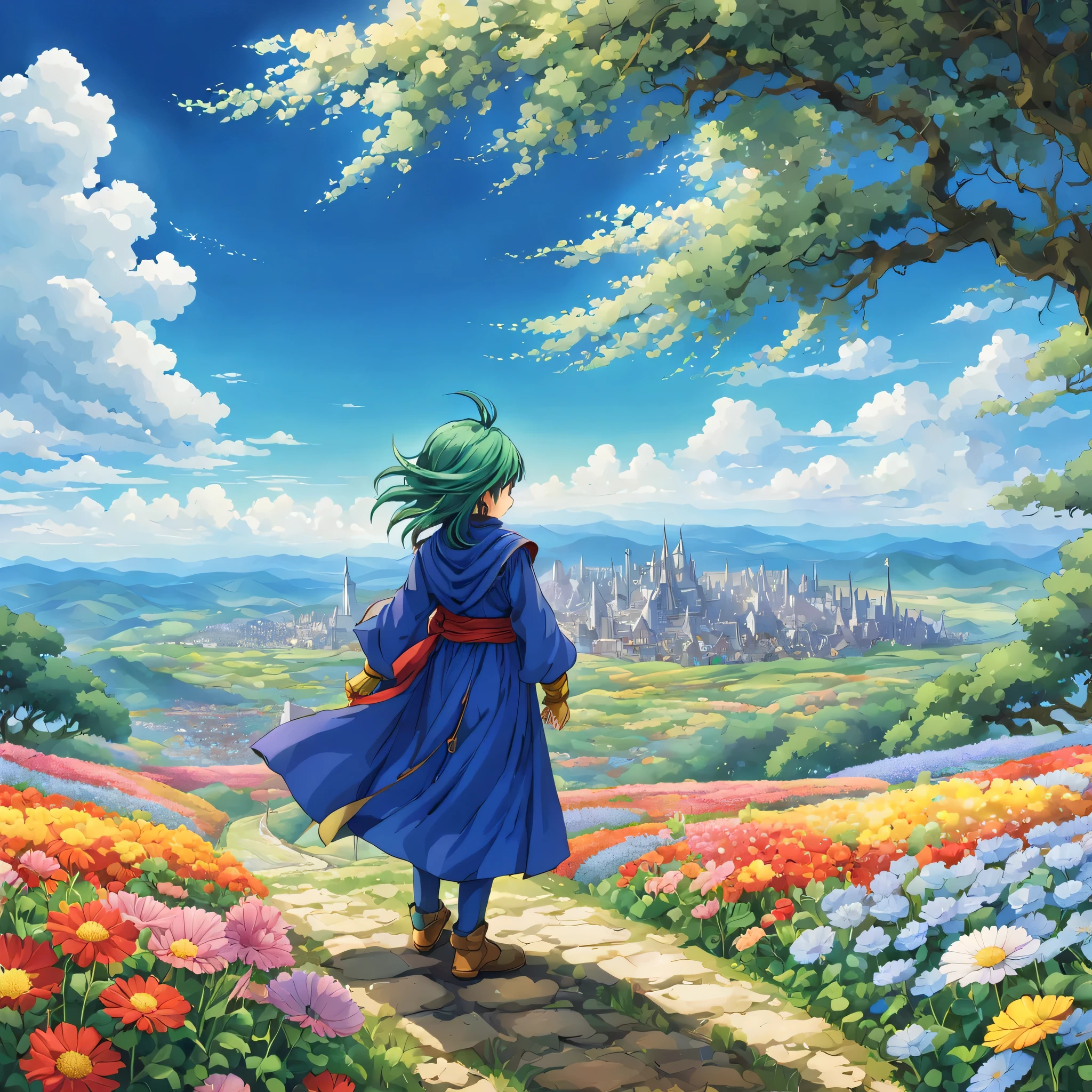 一面の花畑のWind景,The main character stands in the center of the flower garden:dragon quest 4,dragon quest 4の主人公:Rear view:male:17 years old,Costume of the brave:be familiar with,He has no time left for sentimentality..,I have to leave this place as soon as possible..,deep sadness of losing a loved one,Very beautiful flower garden,Wind,petals dance,A work of art that moves the viewer,tears,Expressing deep sadness with the beauty of a flower garden,lament,masterpiece,最高masterpiece,digital art,anime,be familiar with,flash,とてもflash,鳥山明の画Wind,flower garden on the cliff,vast land below,I see the city in the distance,beautiful blue sky,emerald green hair:natural perm,dream-like,rendering,On the day of departure,farewell,beautiful light and shadow,those who are guided